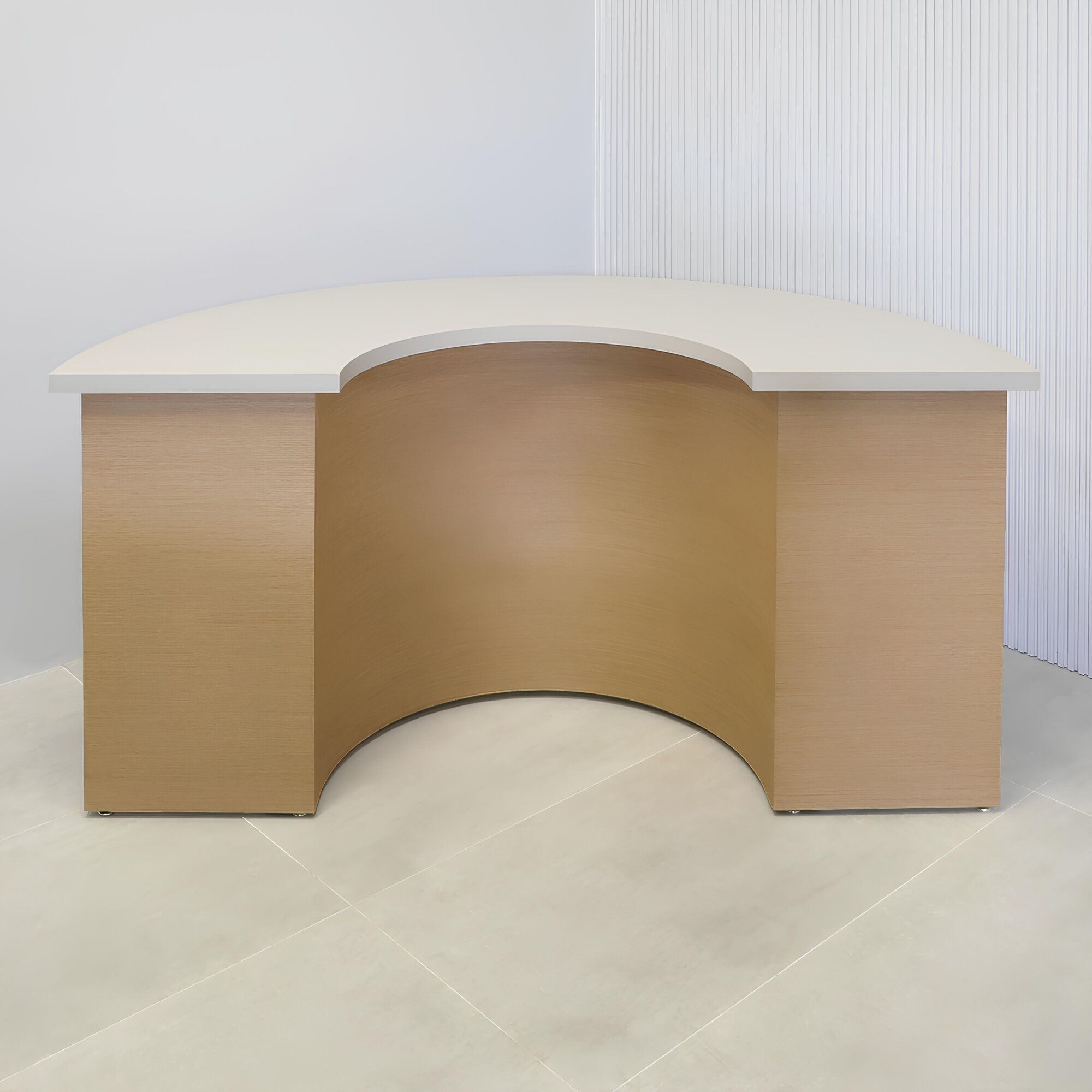 72-inch Handmade Custom Modern Podcast Table Half Moon in dover off-white matte laminate top & back base, and white oak veneer front base.
