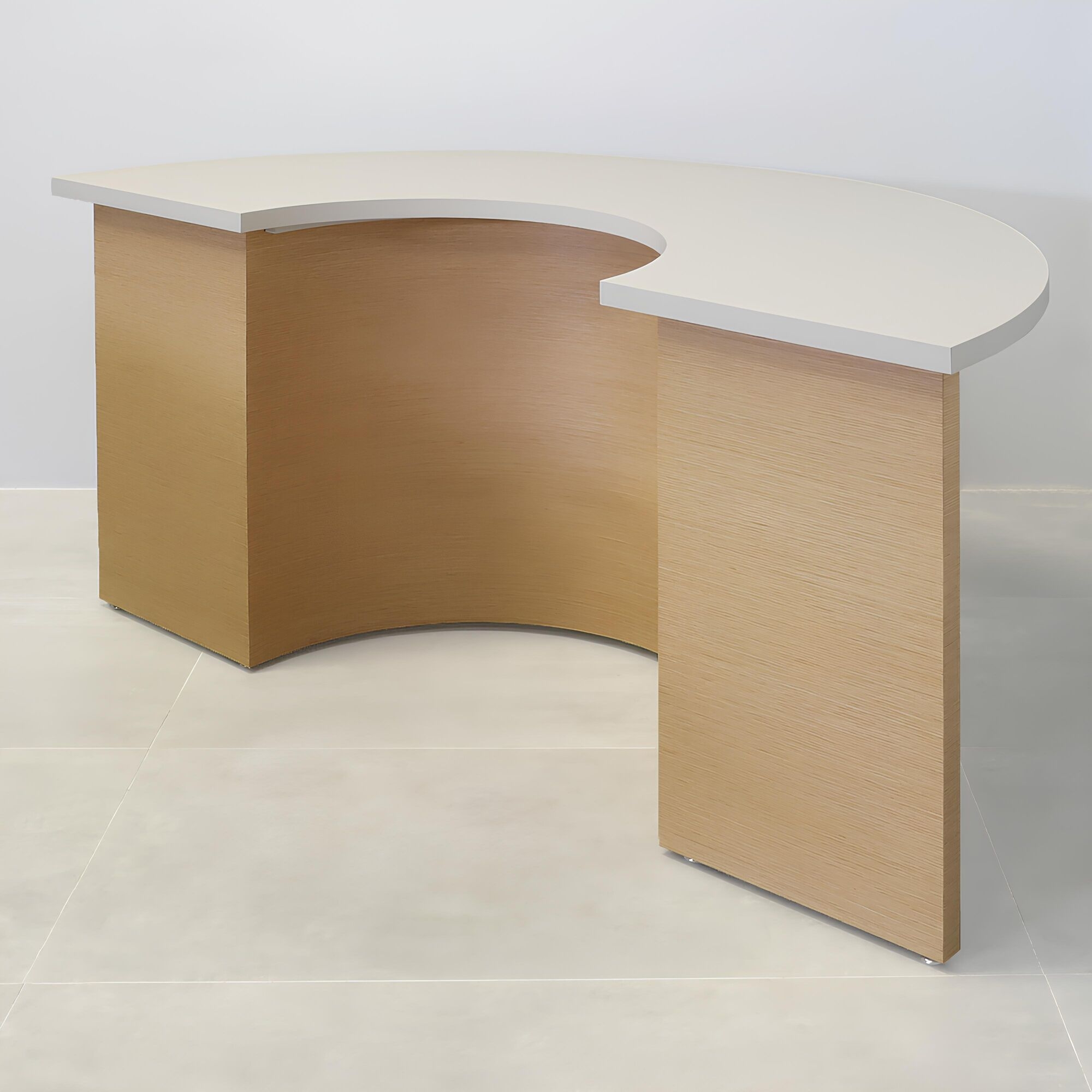72-inch Handmade Custom Modern Podcast Table Half Moon in dover off-white matte laminate top & back base, and white oak veneer front base.