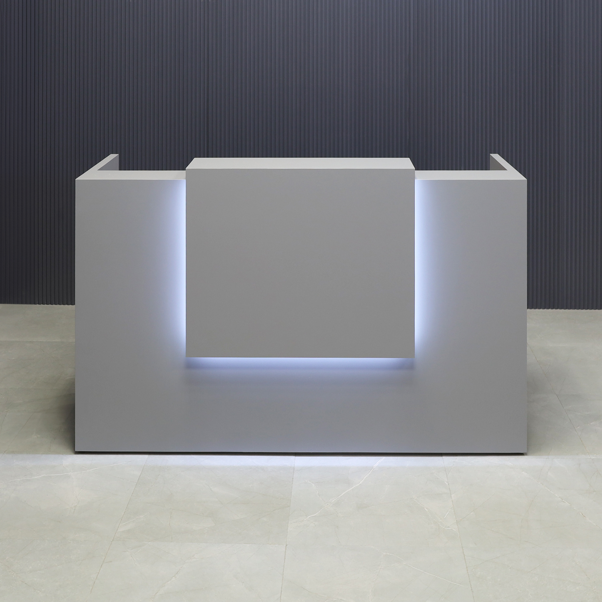 72-inch Chicago Custom Reception Desk in fog gray matte laminate counter and desk, with white LED, shown here.