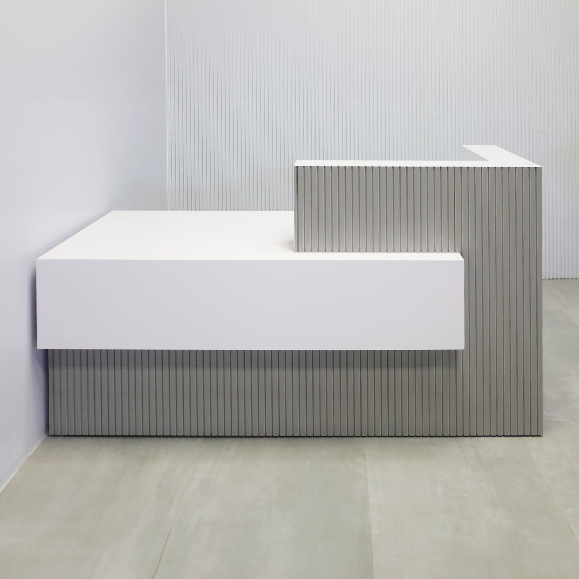 72-inch Atlanta Reception Desk with fog gray tambour countertop & base, white gloss laminate workspace & front accent, and white LED.