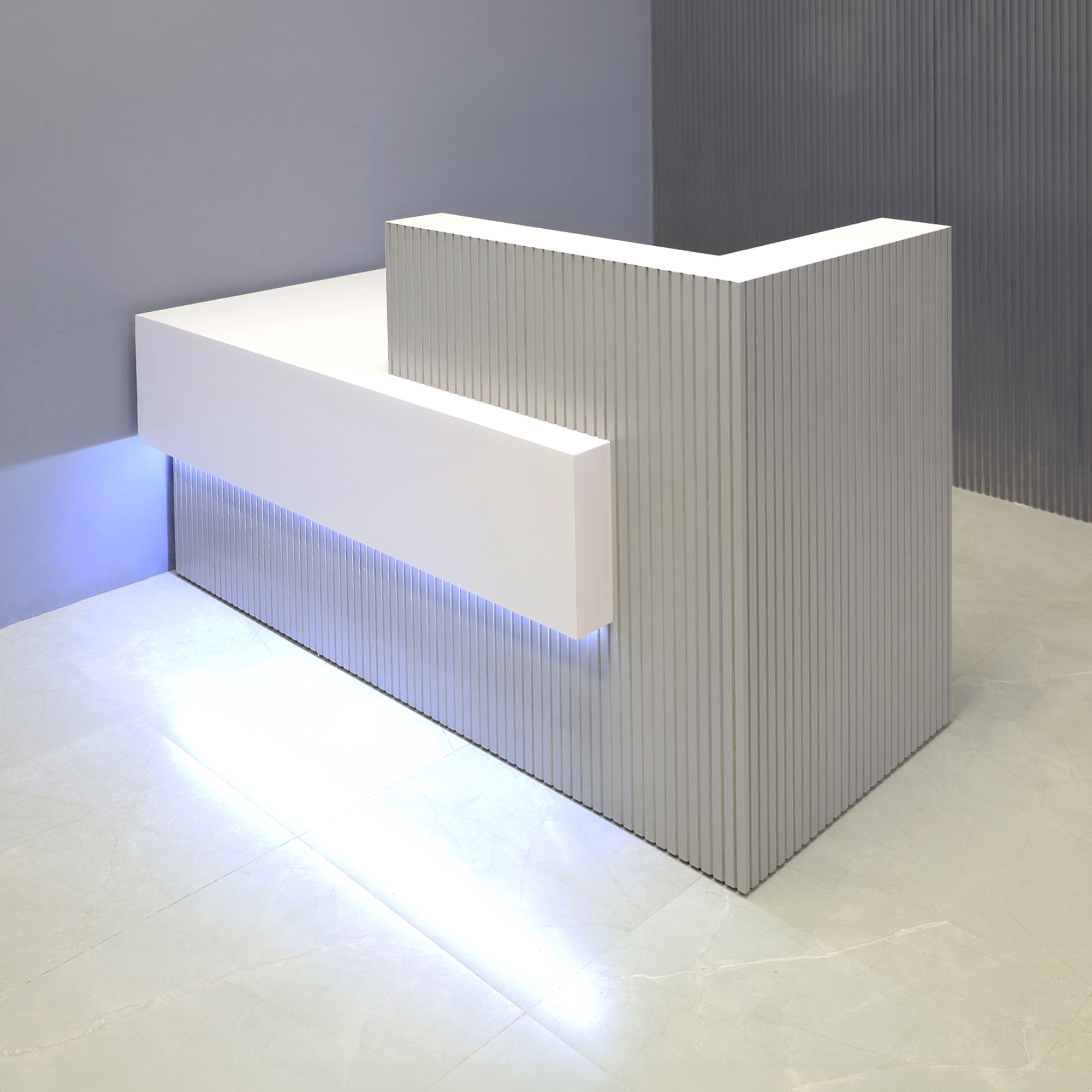 72-inch Atlanta Reception Desk in fog gray tambour countertop & base and white gloss laminate workspace & front accent, with warm white LED, shown here.