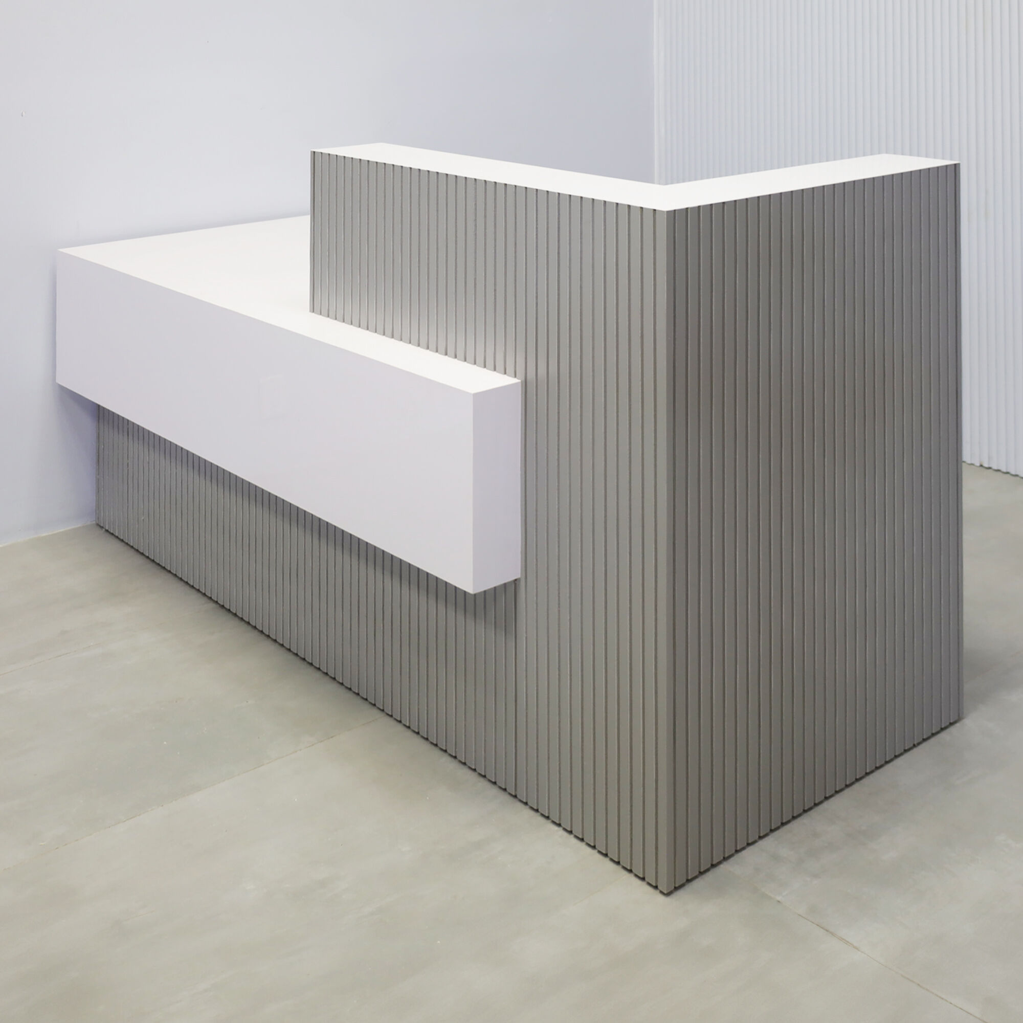 72-inch Atlanta Reception Desk with fog gray tambour countertop & base, white gloss laminate workspace & front accent, and white LED.