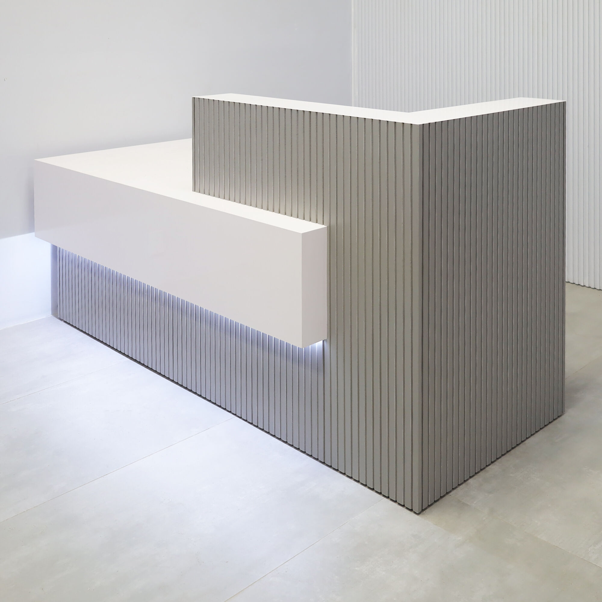 72-inch Atlanta Reception Desk with fog gray tambour countertop & base, white gloss laminate workspace & front accent, and white LED.