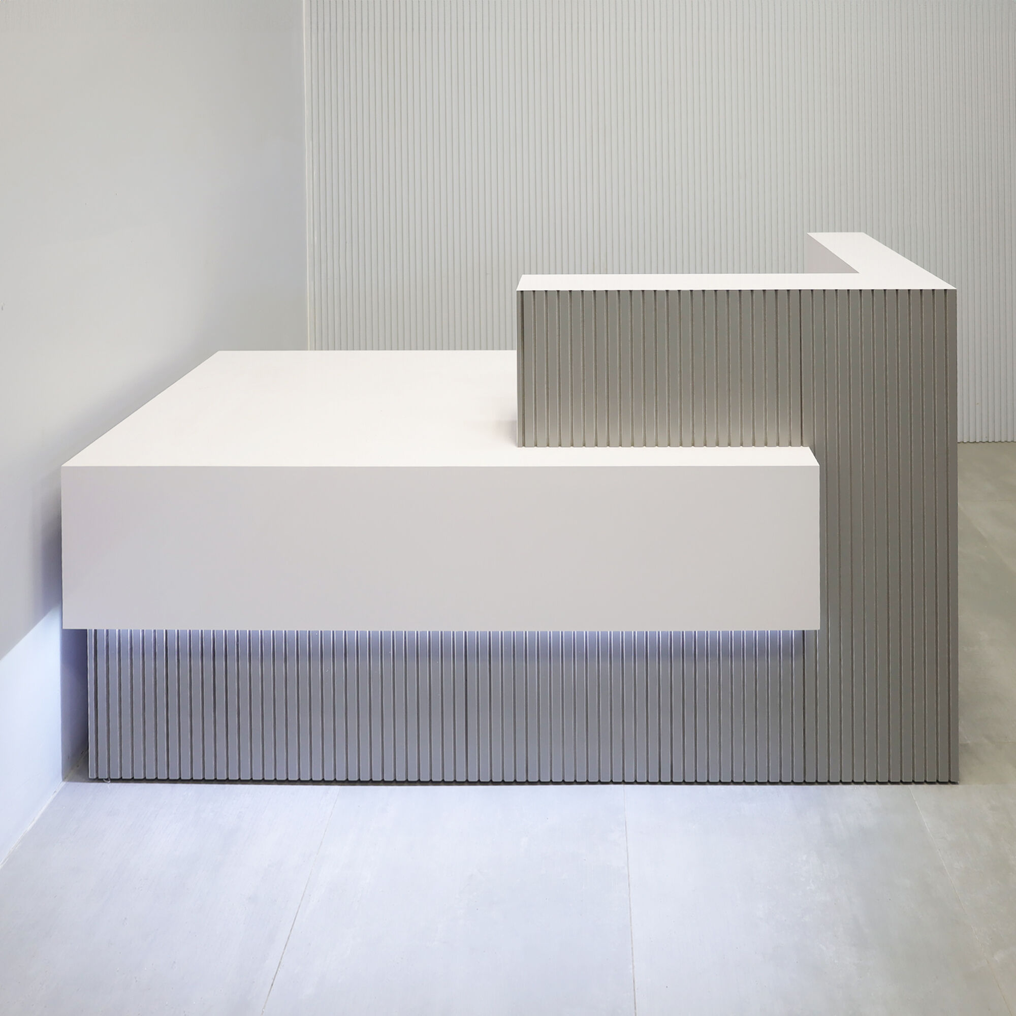 72-inch Atlanta Reception Desk with fog gray tambour countertop & base, white gloss laminate workspace & front accent, and white LED.