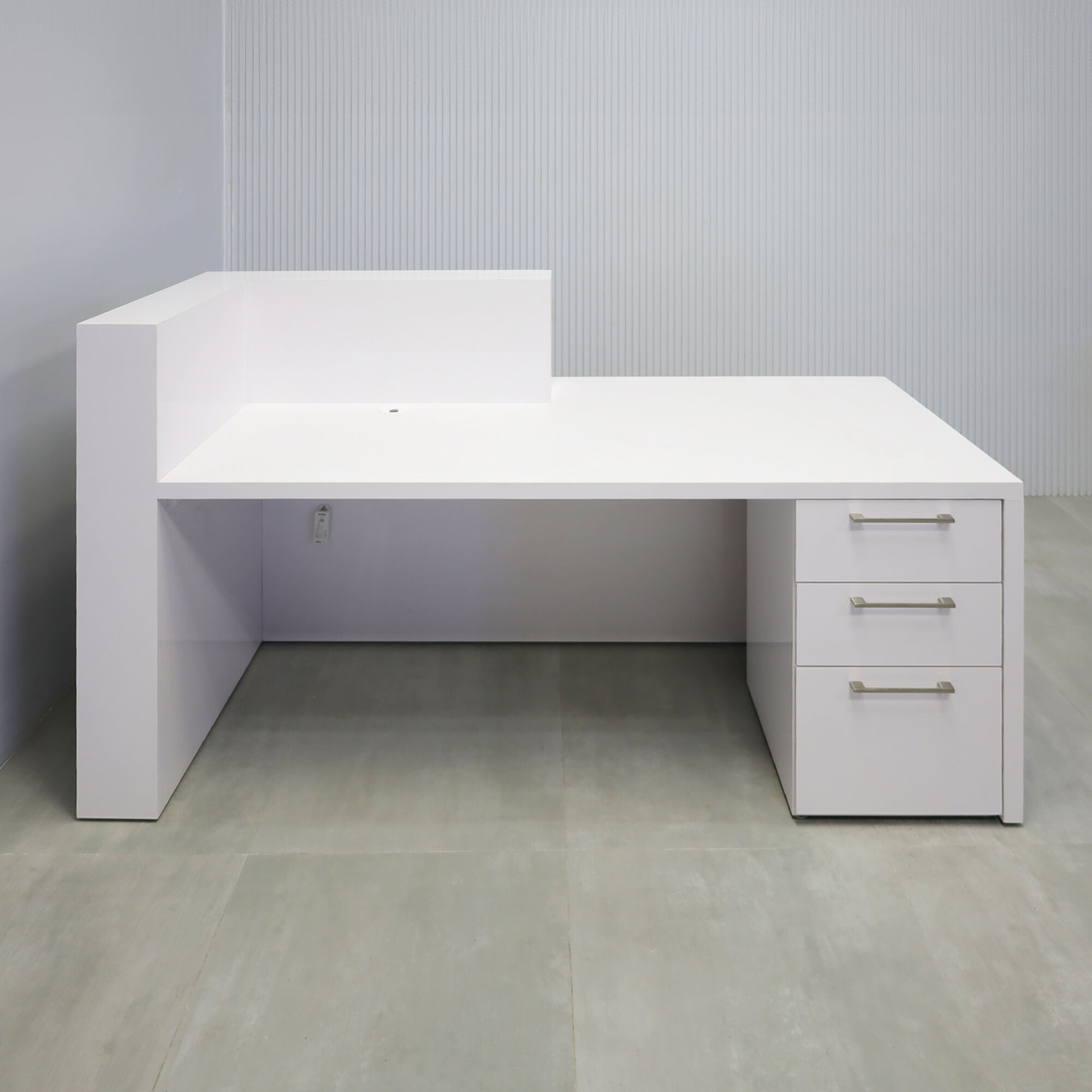 72-inch Atlanta Reception Desk with fog gray tambour countertop & base, white gloss laminate workspace & front accent, and white LED.