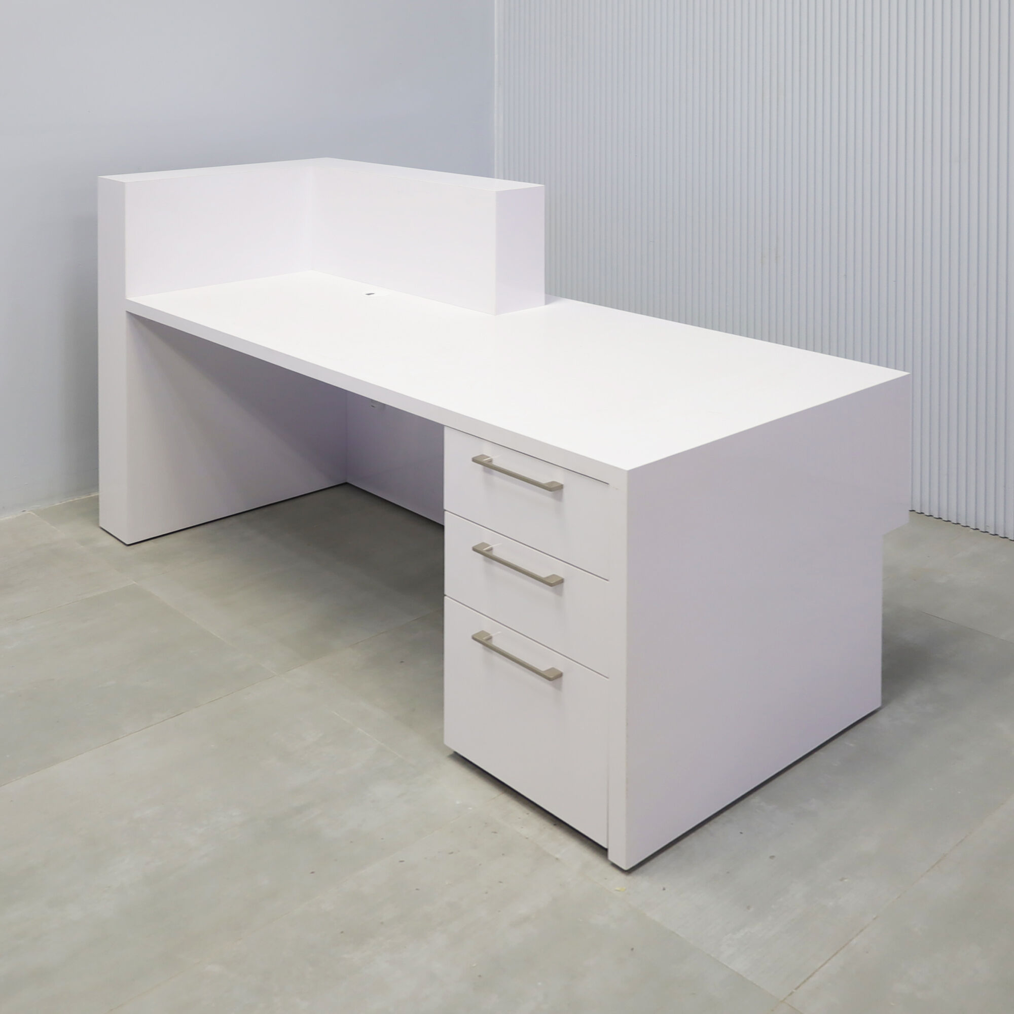 72-inch Atlanta Reception Desk with fog gray tambour countertop & base, white gloss laminate workspace & front accent, and white LED.