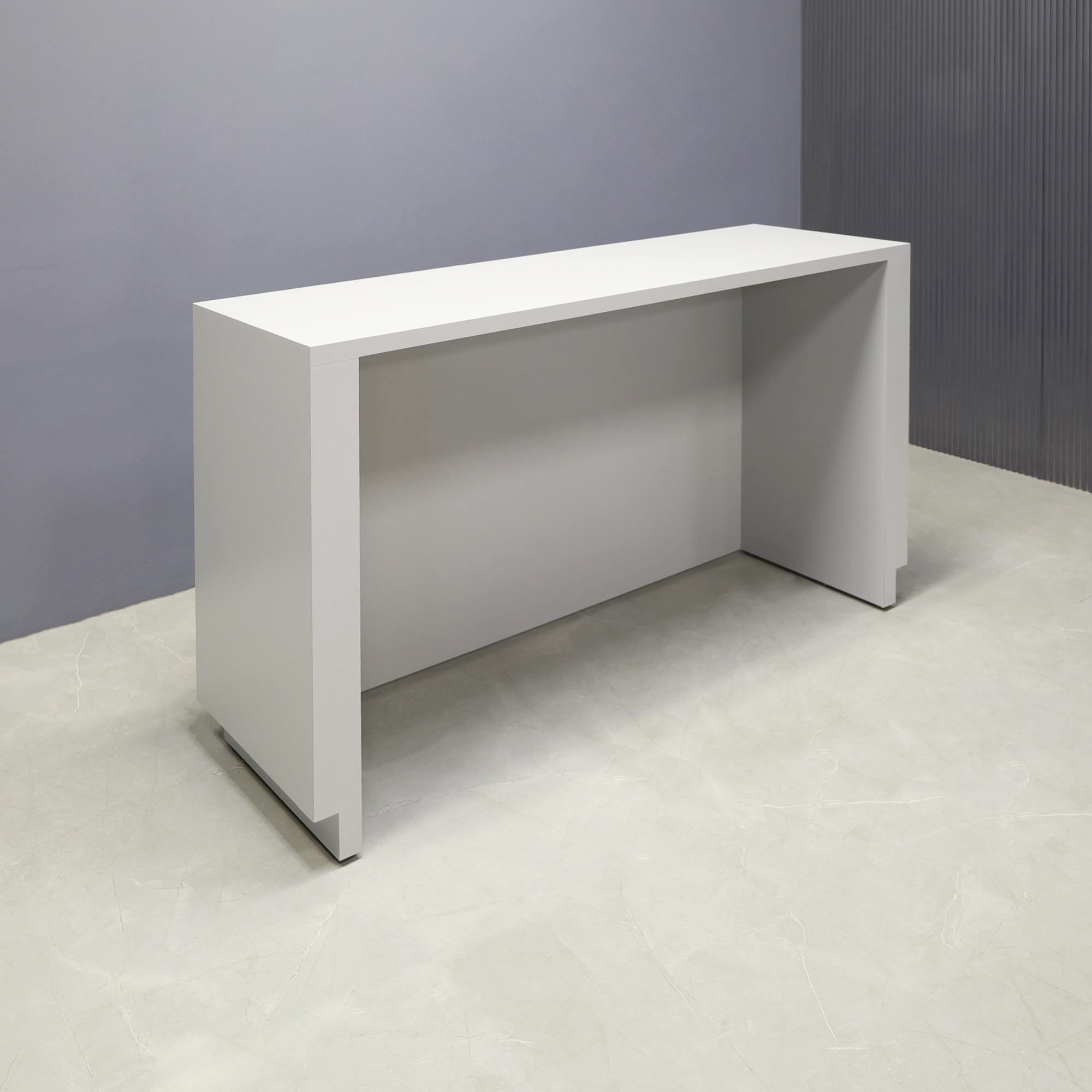 72-inch Houston Custom Reception Desk in folkstone gray matte laminate main desk and brushed aluminum toe-kick, with white LED, shown here.