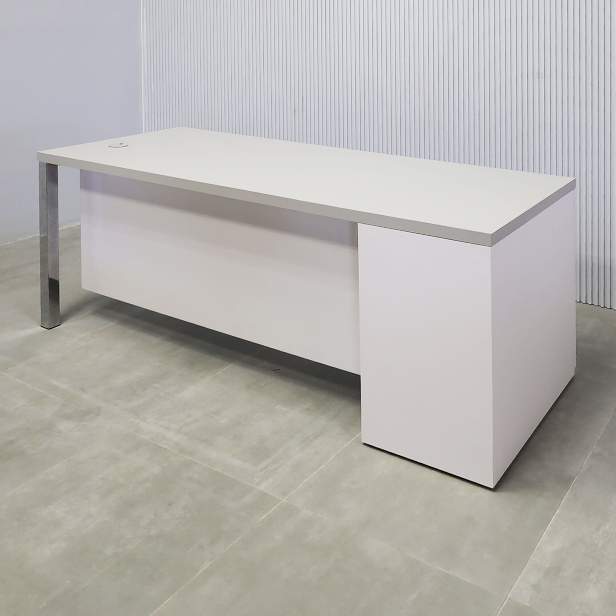 72-inch Dallas Straight Executive Desk with gray matte laminate top, white matte laminate storage & privacy panel, and brushed aluminum legs.