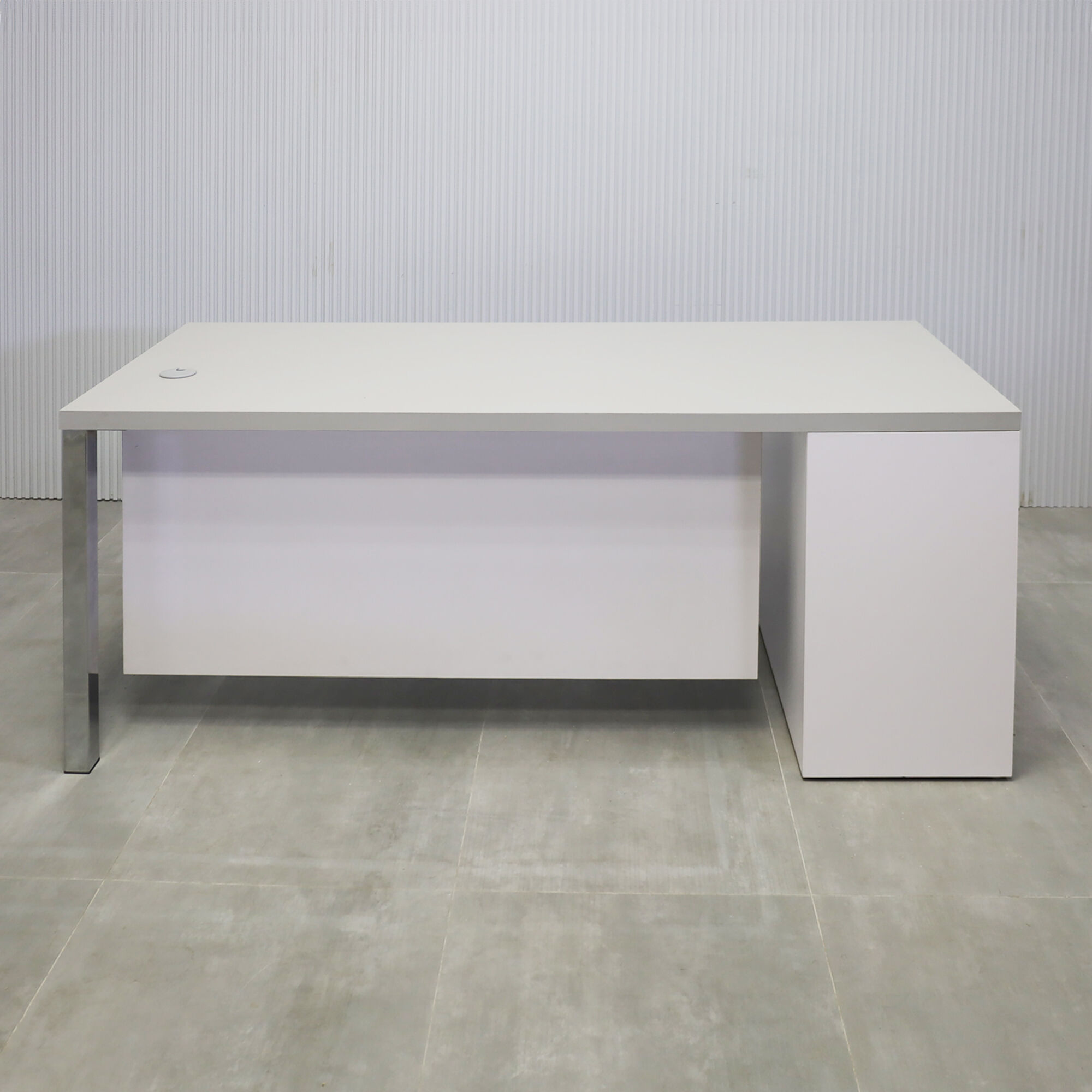 72-inch Dallas Straight Executive Desk with gray matte laminate top, white matte laminate storage & privacy panel, and brushed aluminum legs.
