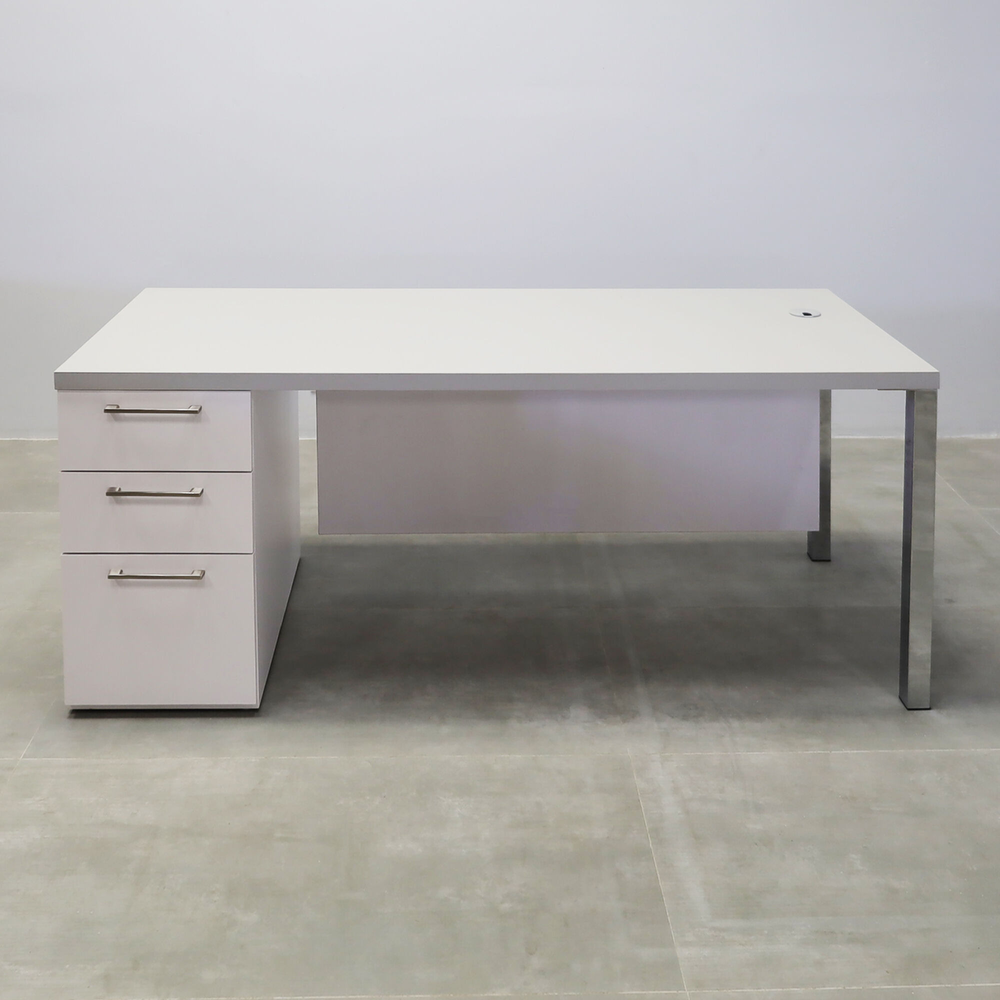72-inch Dallas Straight Executive Desk with gray matte laminate top, white matte laminate storage & privacy panel, and brushed aluminum legs.