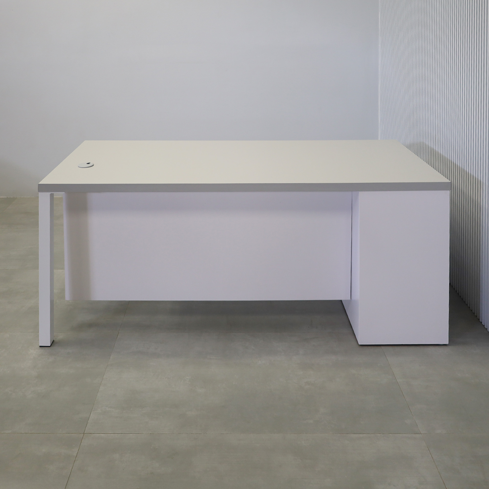 72-inch Dallas Straight Executive Desk with Folkstone Gray Matte Laminate top, White Matte Laminate base & privacy panel, and white metal legs.