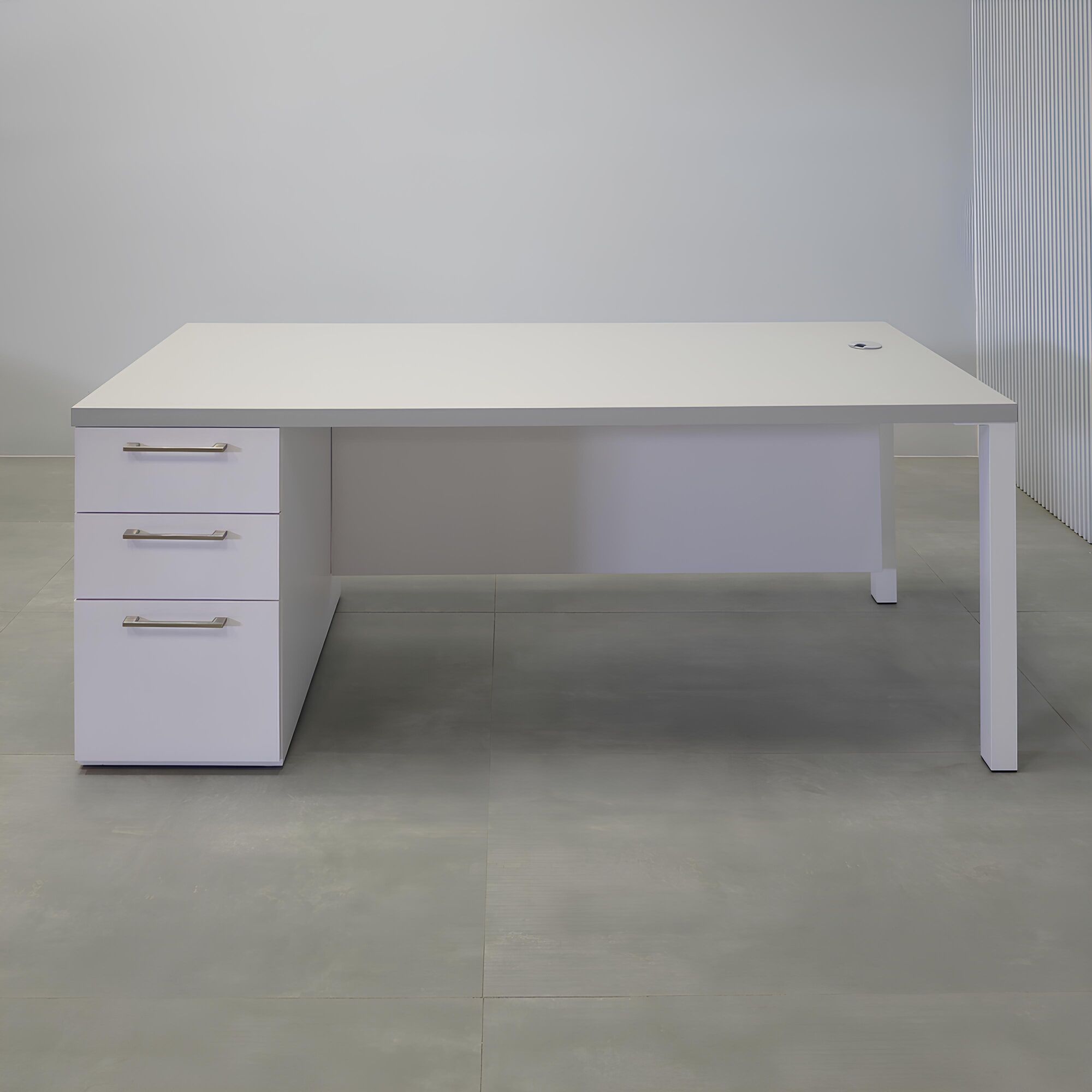 Dallas Straight Executive Desk in folkstone gray top, white matte laminate storage & privacy panel, and white metal legs.