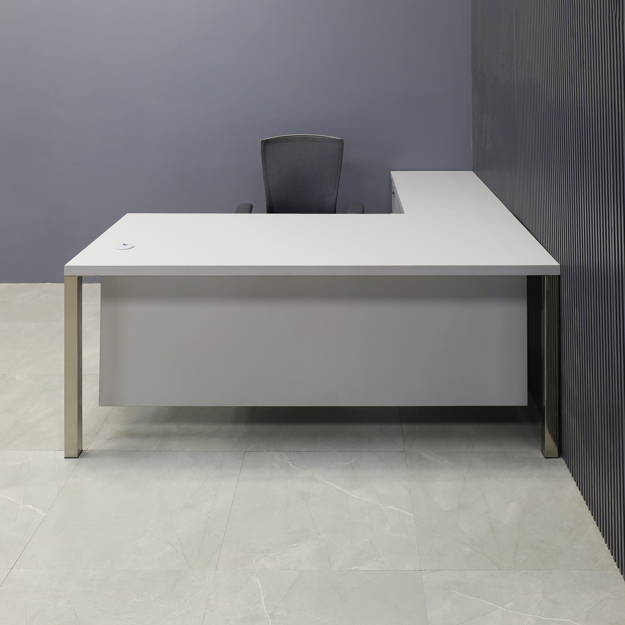 72-inch Dallas L-Shape Executive Desk with return & cabinet on left side when sitting, in folkstone gray matte laminate top, cabinet & privacy panel, and brushed aluminum legs, shown here.