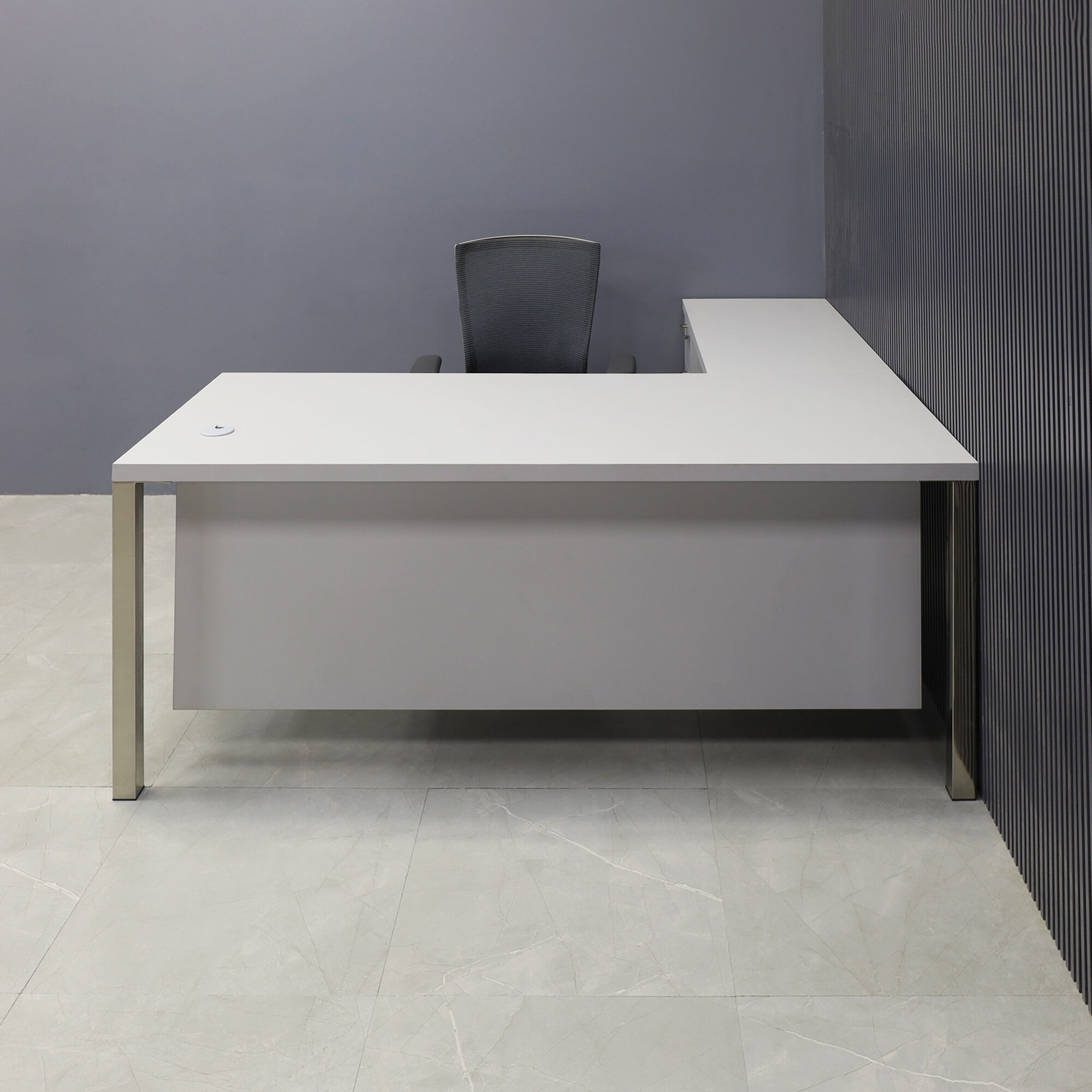 72-inch Dallas L-Shape Executive Desk W/ Cabinet in fog gray matte laminate top, cabinet & privacy panel, with aluminum chromed legs.