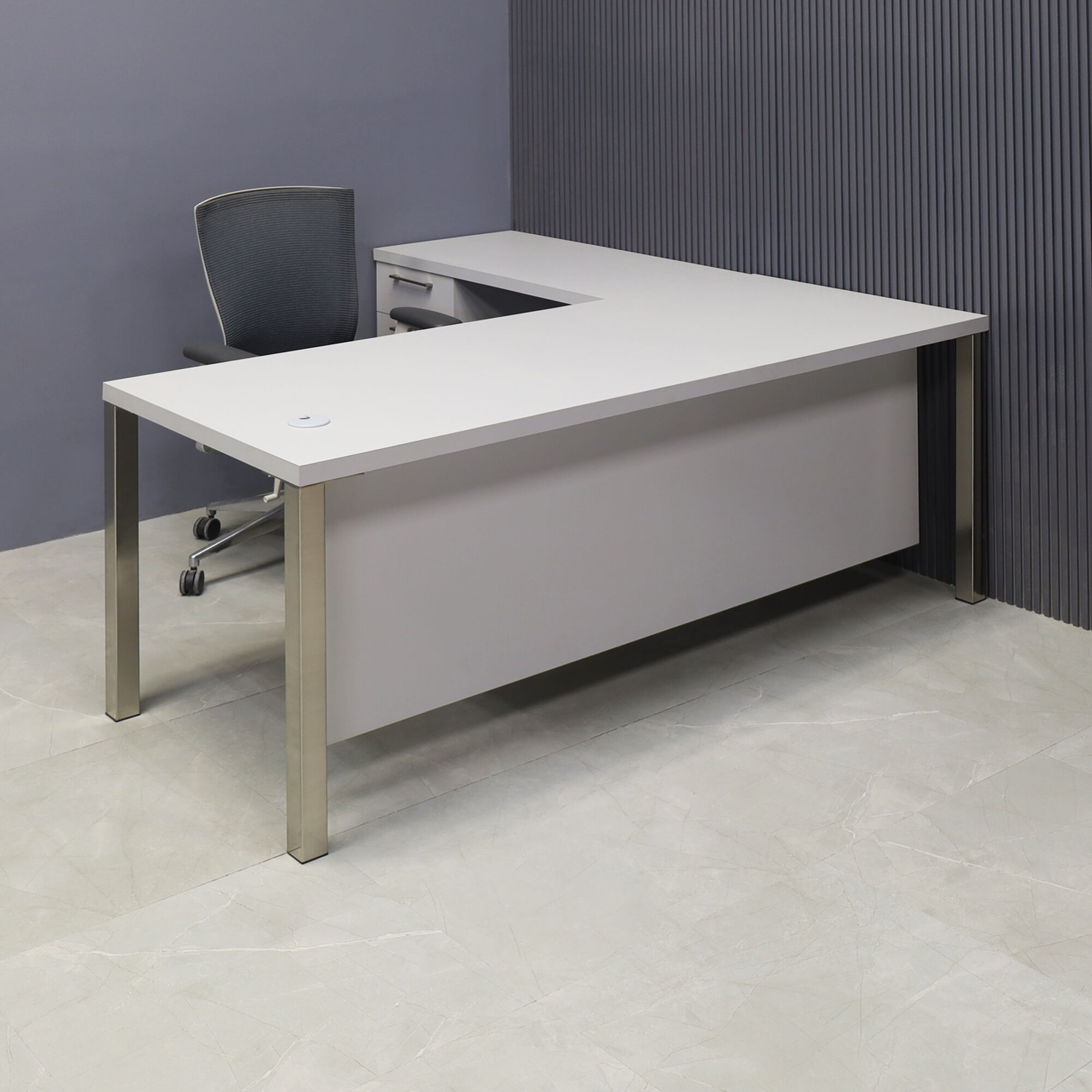 Dallas L Shape Executive Desk w Cabinet in Fog Gray Matte Laminate Finish 72 in. Stock 20
