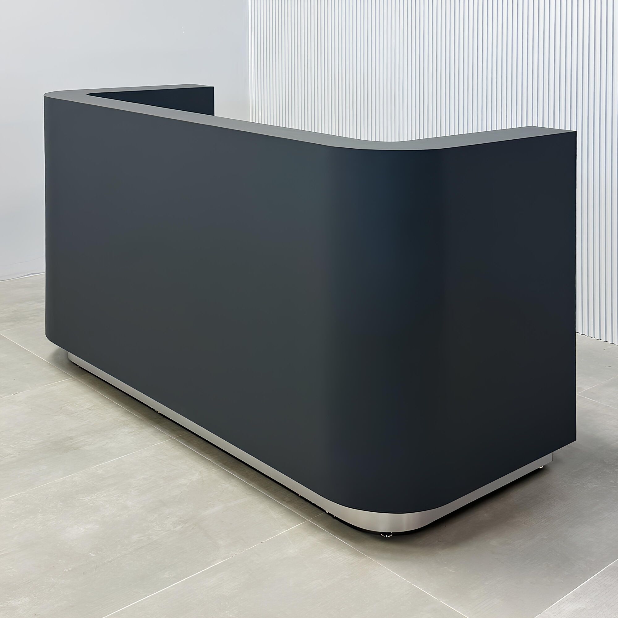 72-inch Nola U Reception Desk with dark gray traceless laminate desk & counter and brushed aluminum toe-kick.