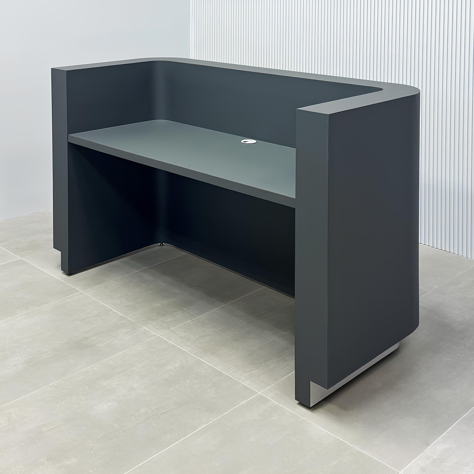 72-inch Nola U Reception Desk with dark gray traceless laminate desk & counter and brushed aluminum toe-kick.