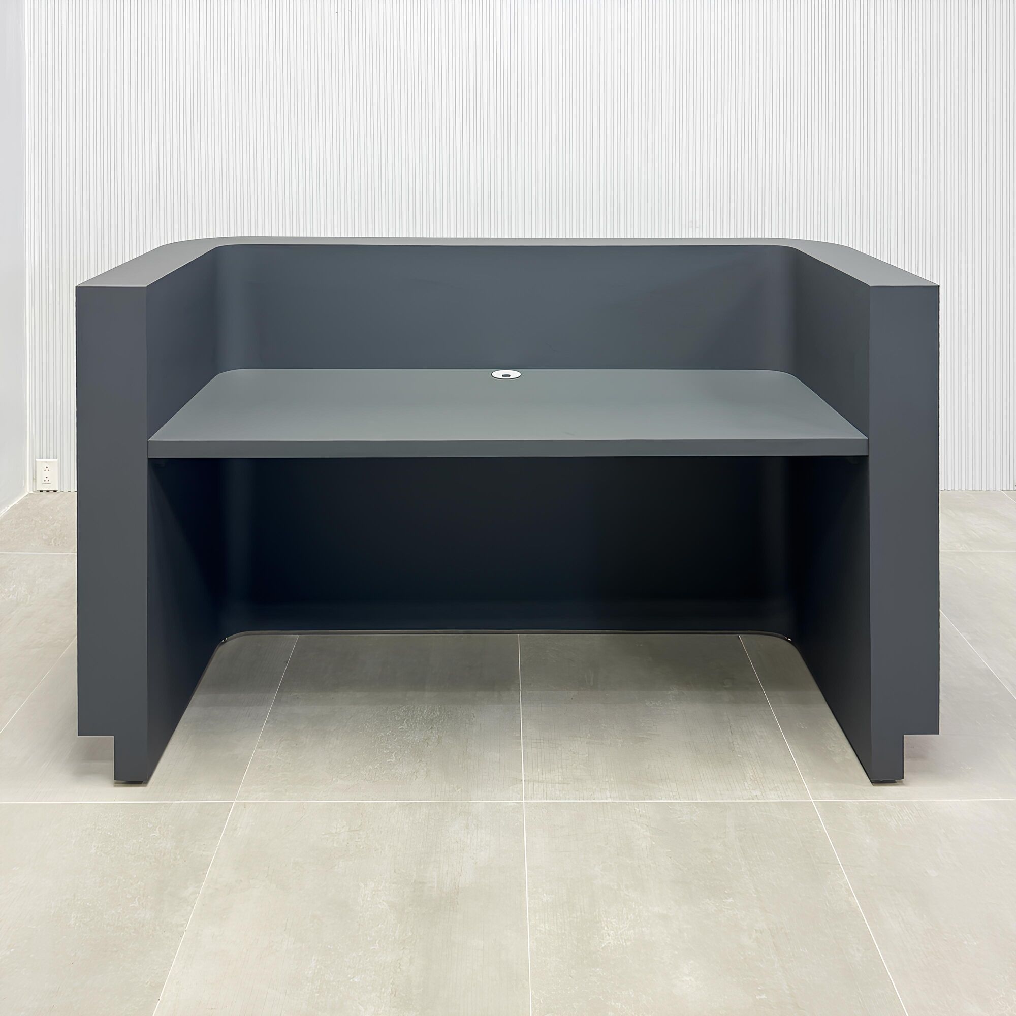 72-inch Nola U Reception Desk with dark gray traceless laminate desk & counter and brushed aluminum toe-kick.