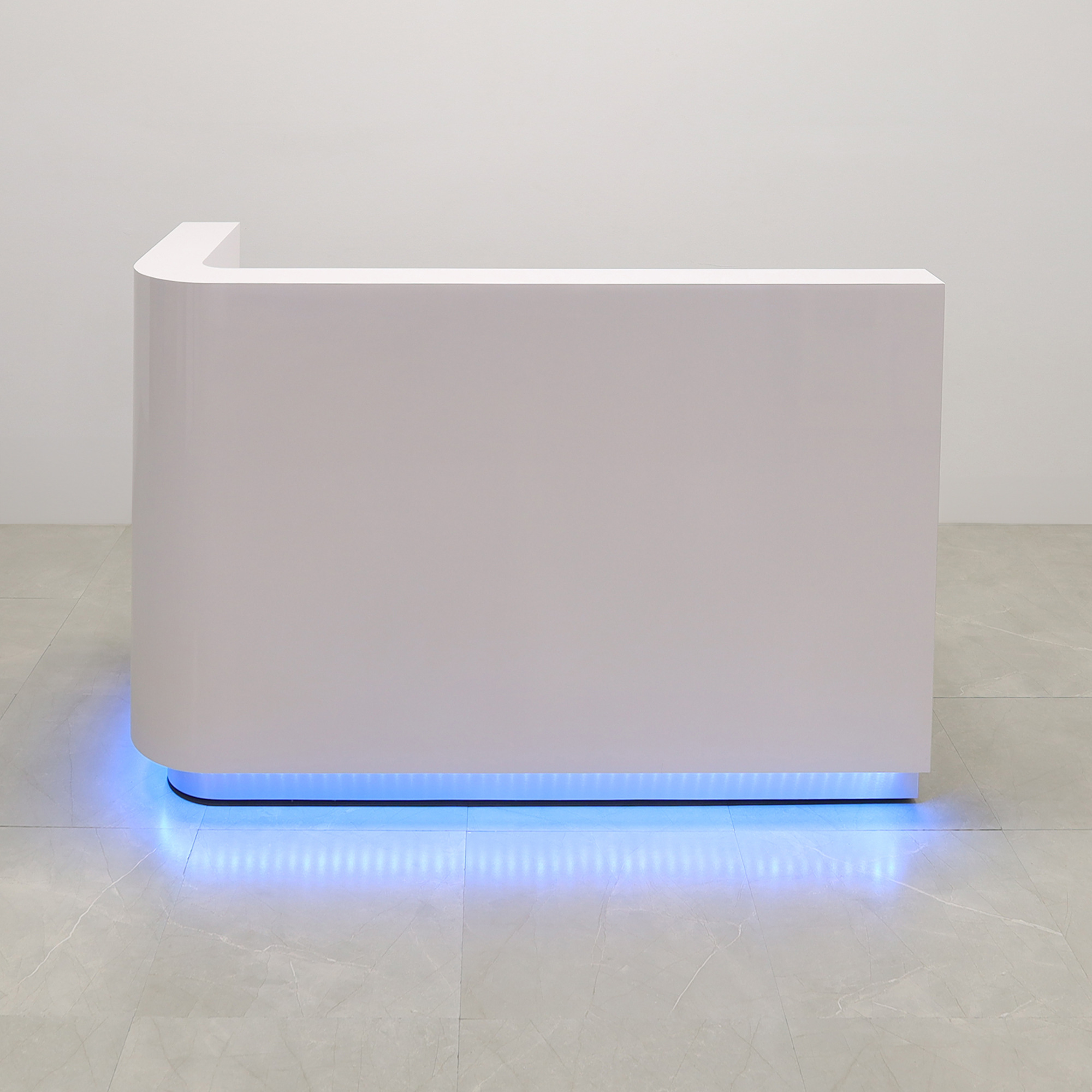 72-inch Nola L-Shape Custom Reception Desk, left side l-panel in white gloss laminate main desk and brushed aluminum toe-kick, with color LED, shown here.