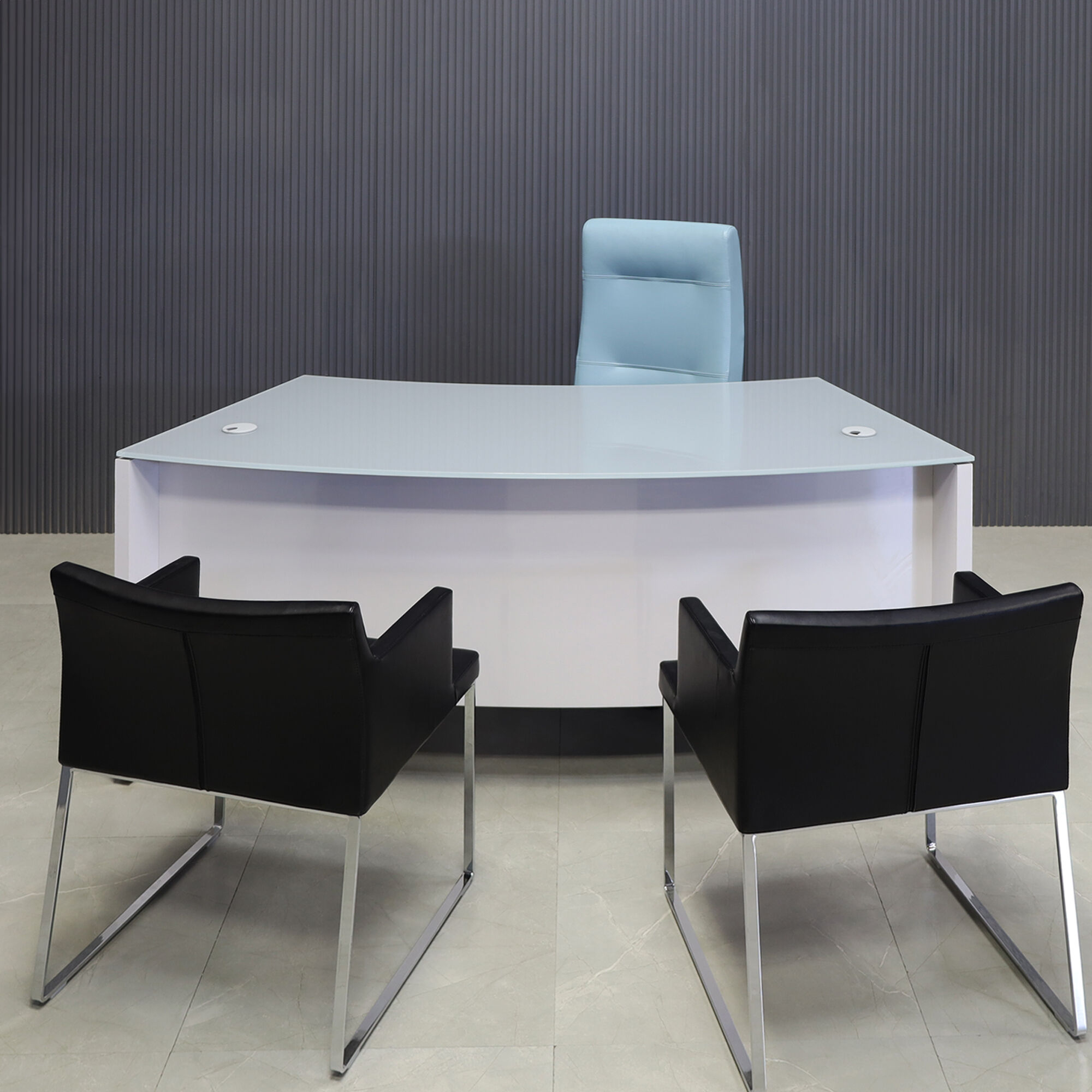  72-inch Seattle Curved Executive Desk in 1/2-inch Light gray tempered glass top and white gloss laminate base.