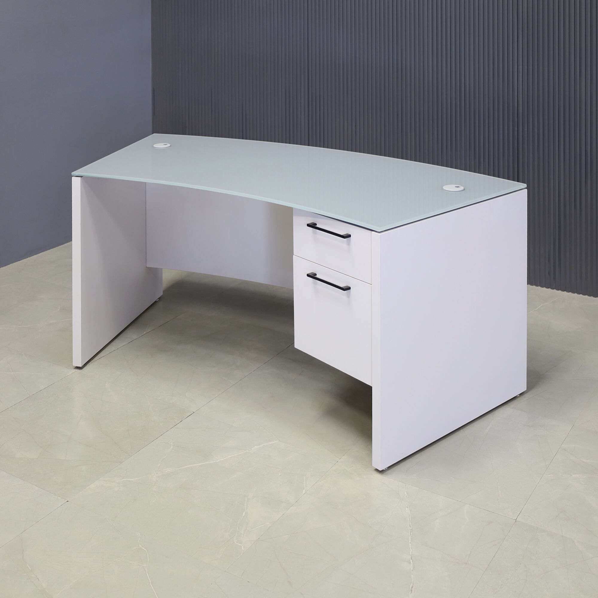  72-inch Seattle Curved Executive Desk in 1/2-inch Light gray tempered glass top and white gloss laminate base.