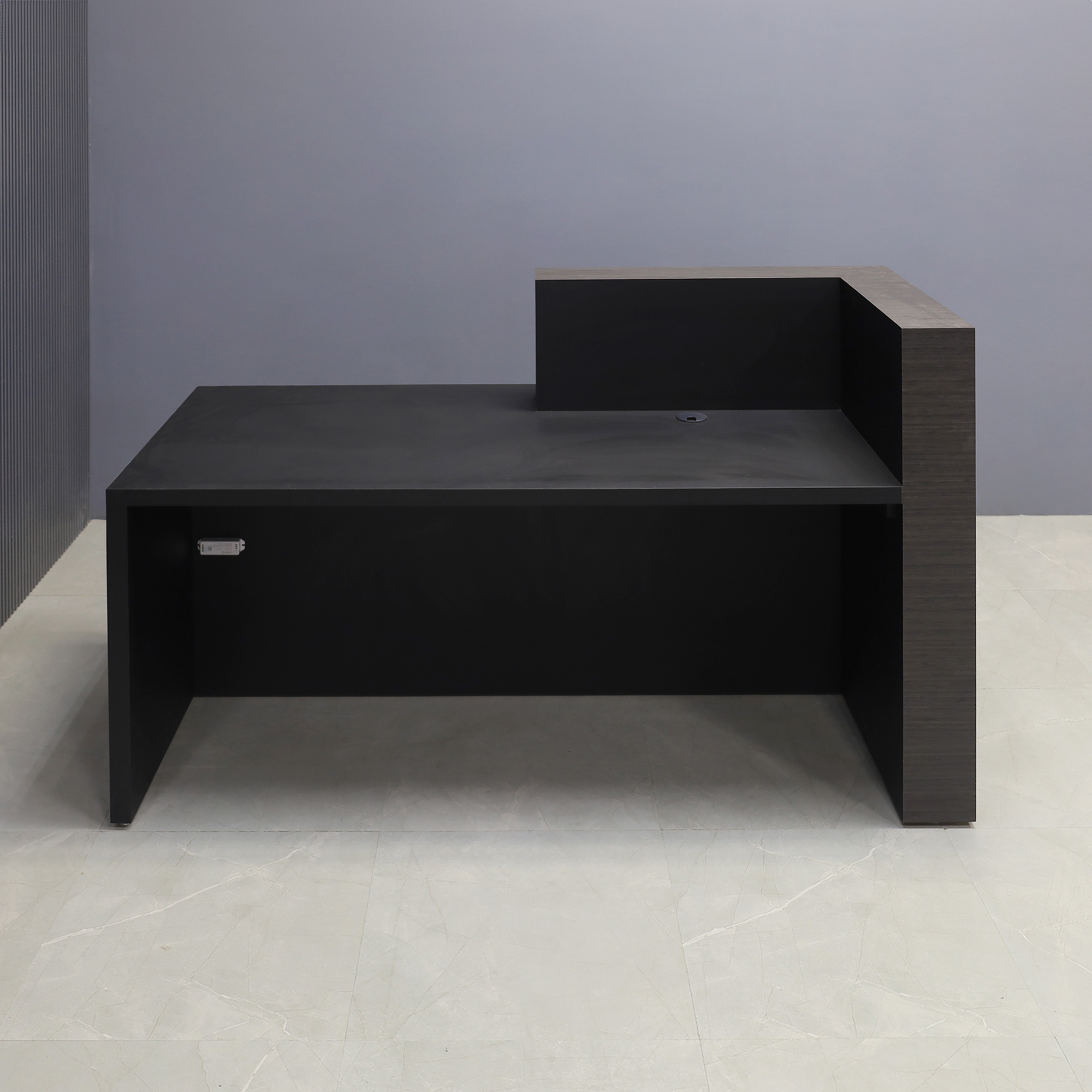 72-inch Atlanta Reception Desk, left countertop side when facing front in asian nights matte laminate and workspace & front accent in black traceless laminate, with warm white LED, shown here.