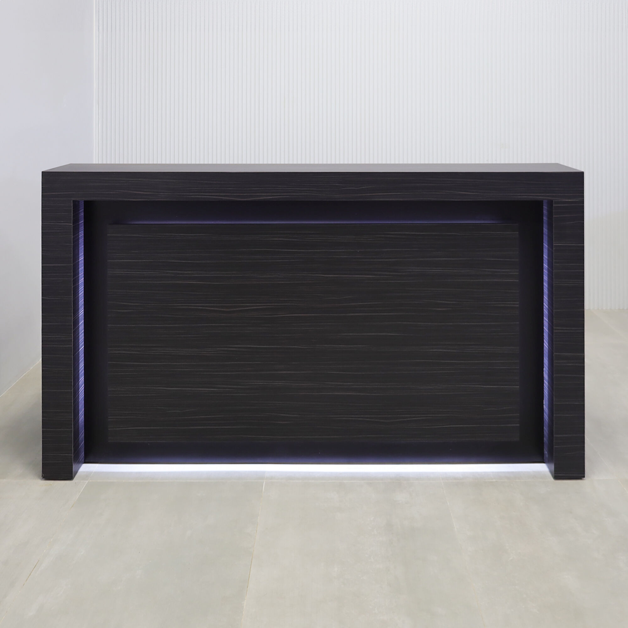 72-inch New York Straight Reception Desk with dark gray wood matte laminate main desk, black matte laminate accent, and white LED.