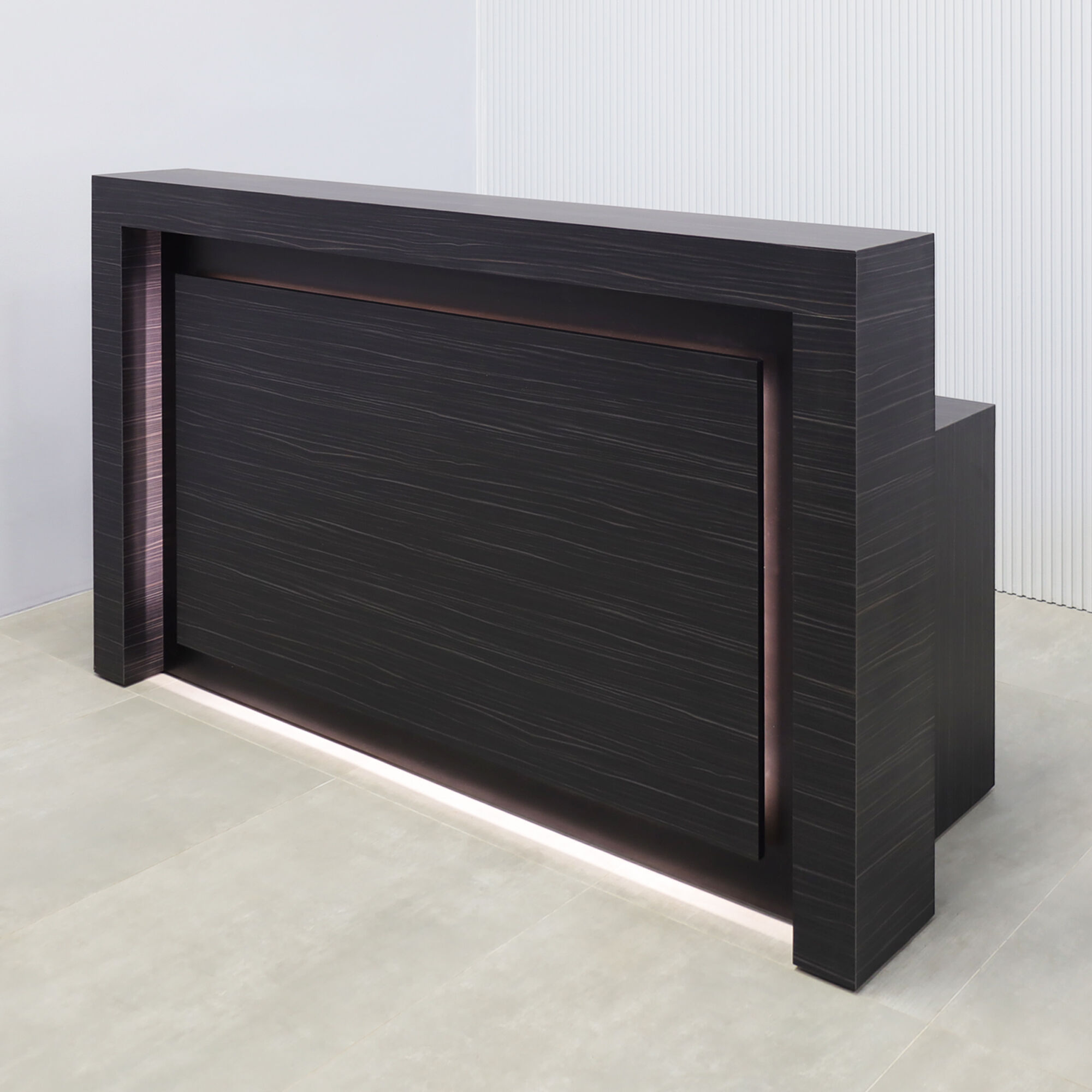 72-inch New York Straight Reception Desk with dark gray wood matte laminate main desk, black matte laminate accent, and white LED.