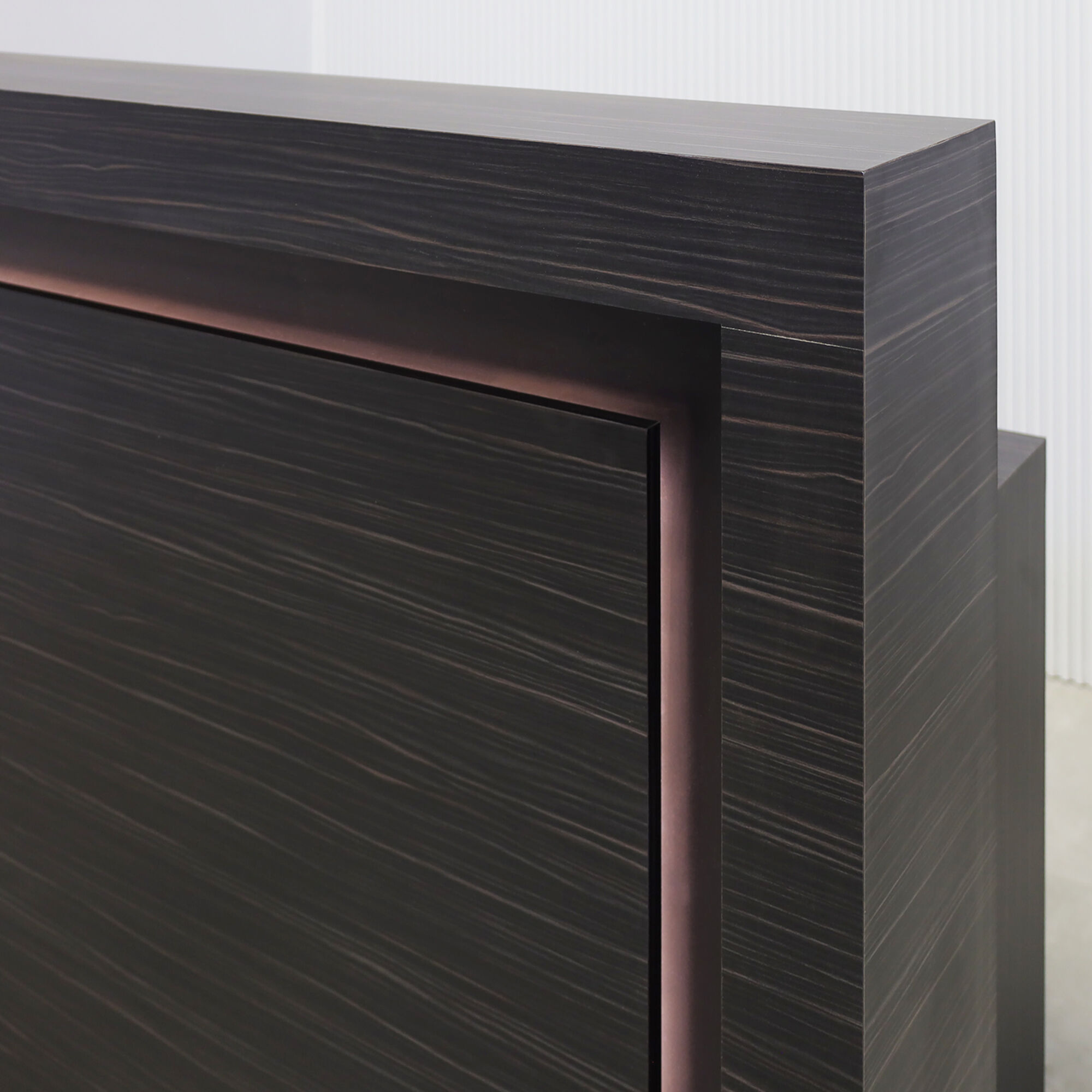 72-inch New York Straight Reception Desk with dark gray wood matte laminate main desk, black matte laminate accent, and white LED.