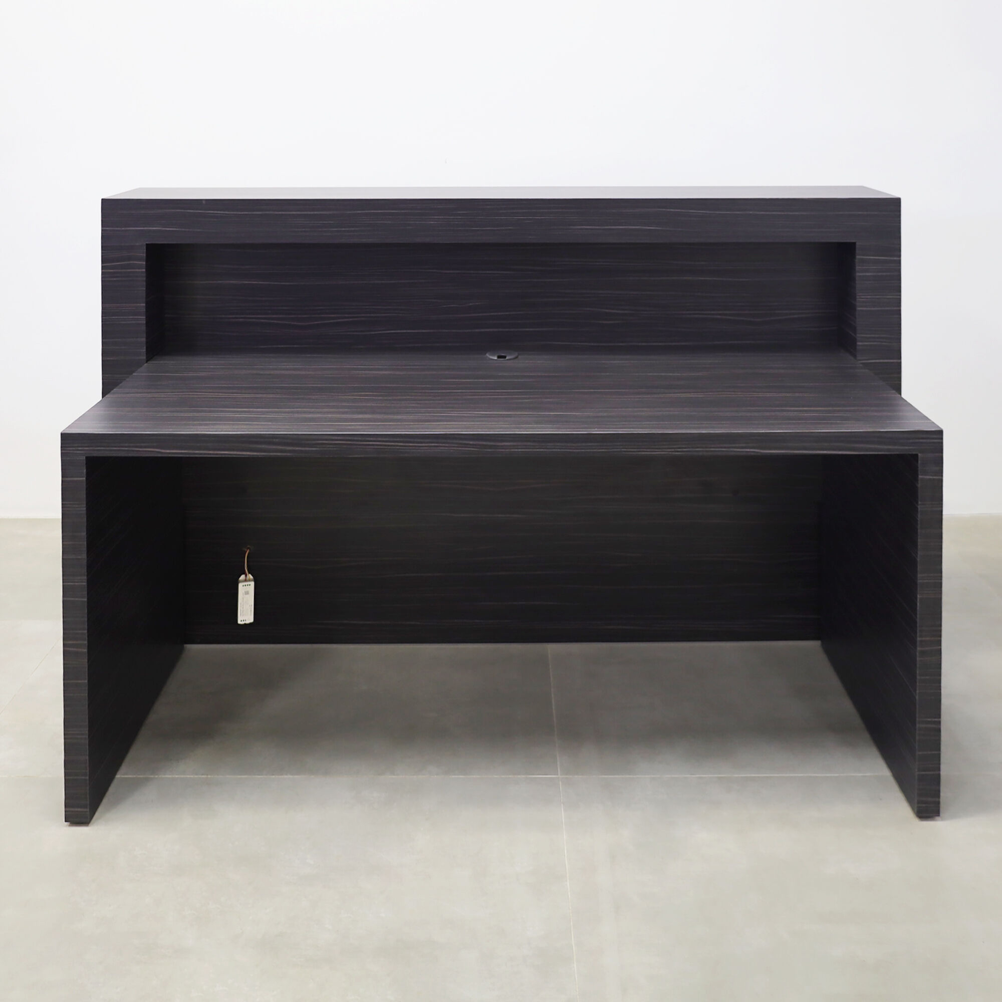 72-inch New York Straight Reception Desk with dark gray wood matte laminate main desk, black matte laminate accent, and white LED.