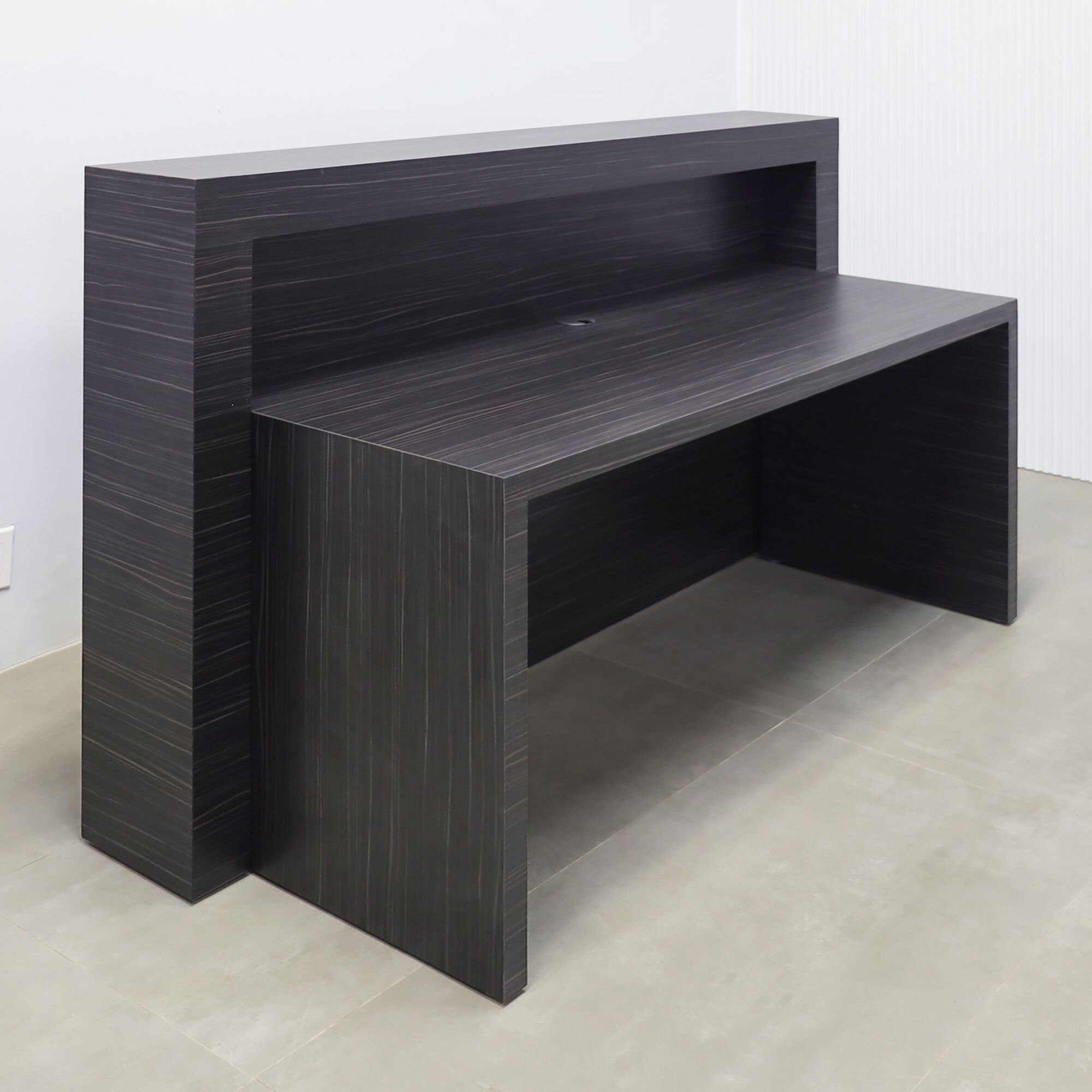 72-inch New York Straight Reception Desk with dark gray wood matte laminate main desk, black matte laminate accent, and white LED.