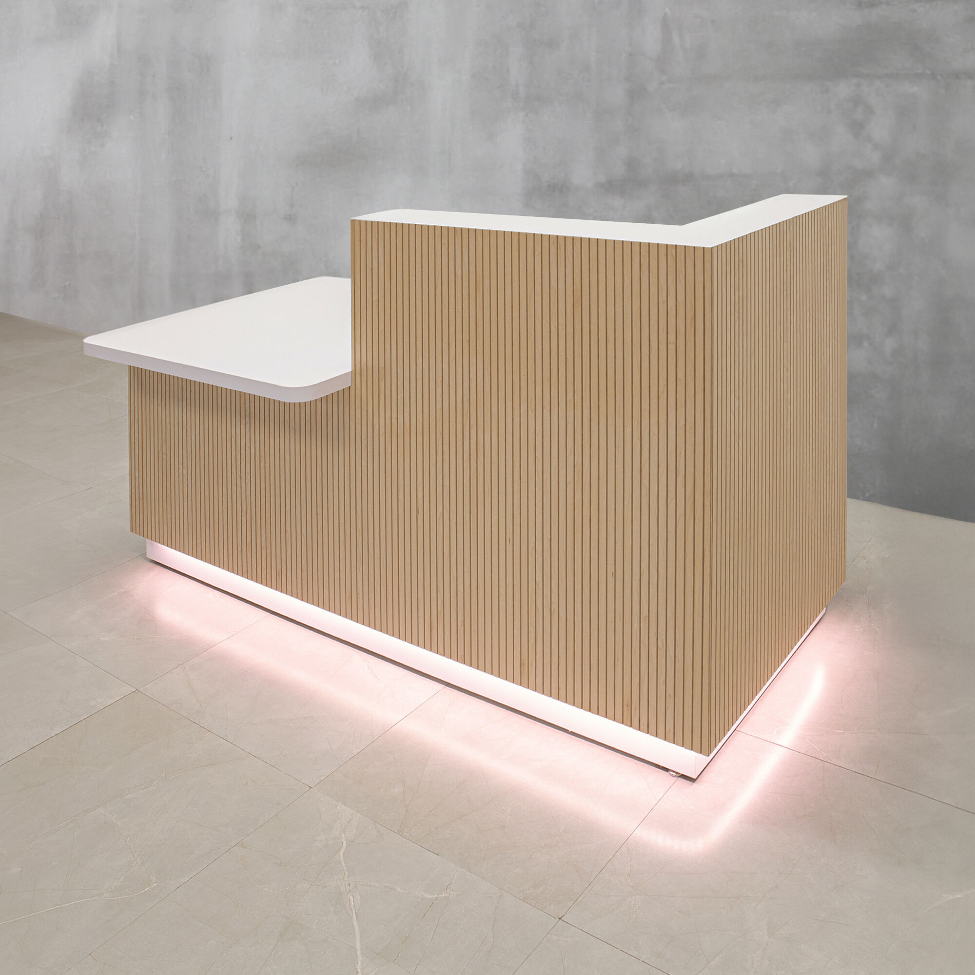 60-inch Dallas ADA Compliant Counter Custom Reception Desk, l-shape counter & desk on the right side when facing front in maple tambour, white matte laminate workspace, brushed aluminum toe-kick, and warm white LED.
