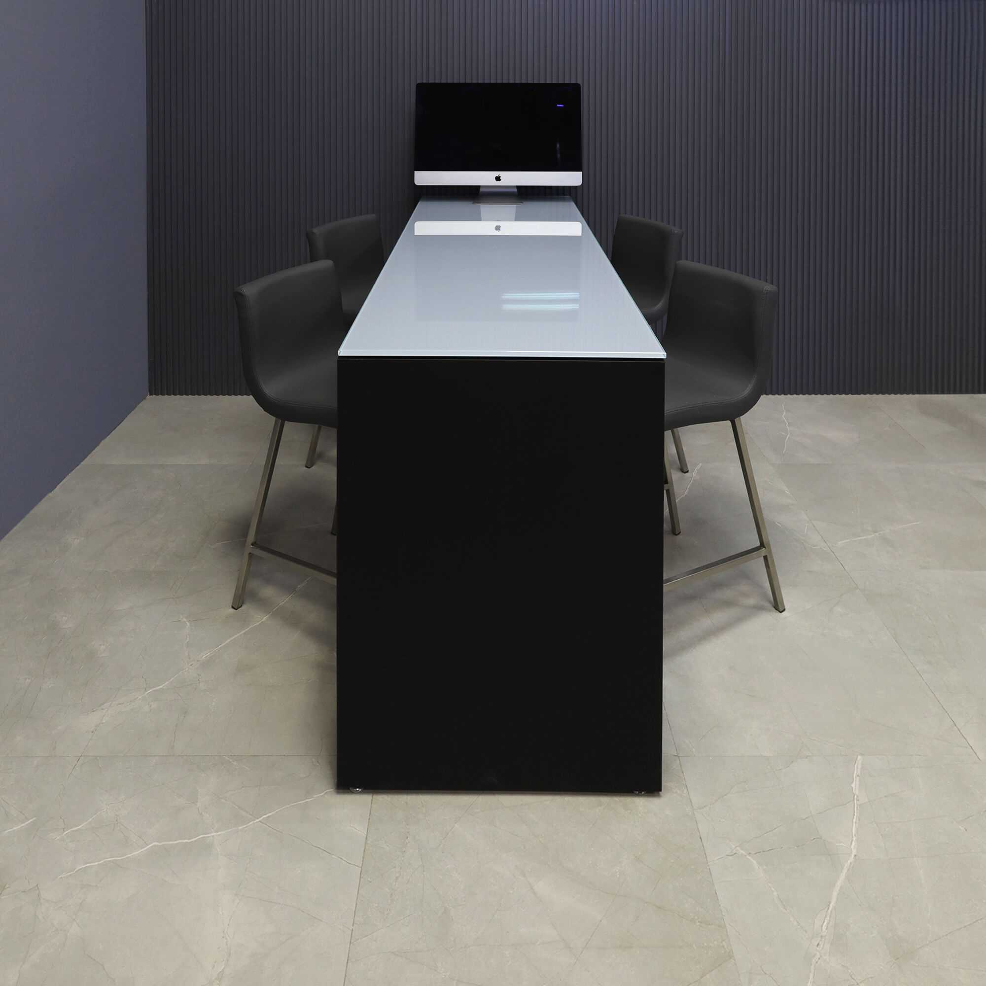 72-inch Ashville Bar Table in 1/2-inch gray tempered glass top and black traceless laminate base.