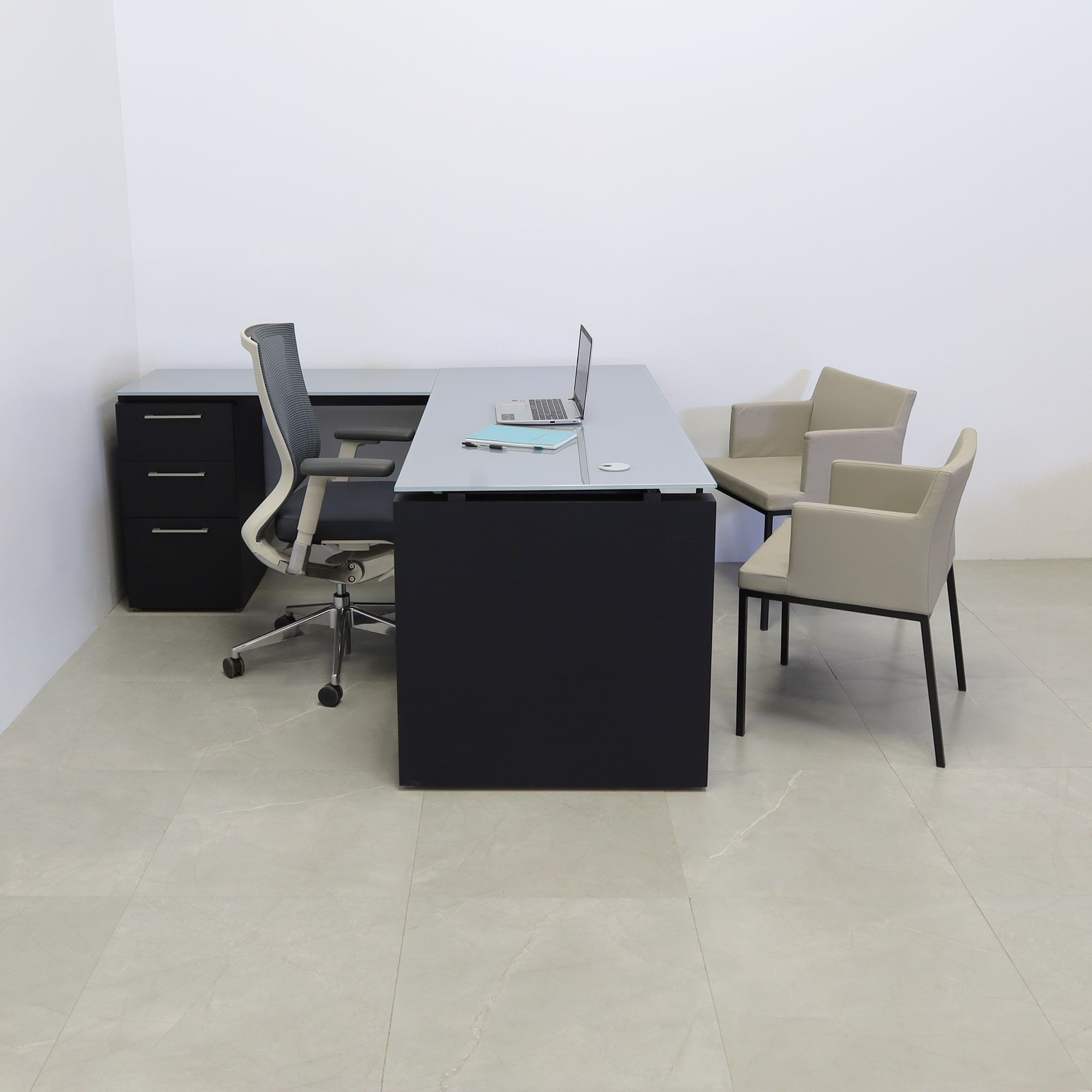 72-inch Denver L-Shape Executive Desk with return & cabinet on the left side when sitting, in 1/2