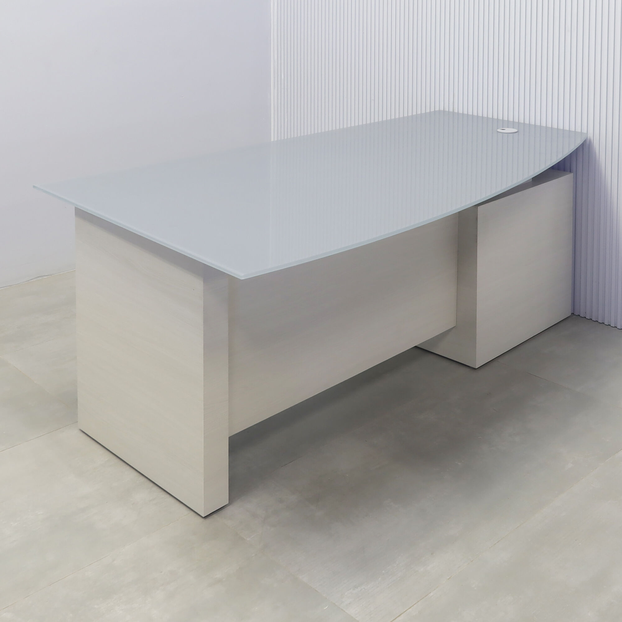 72-inch Avenue Curved Executive Desk with medium gray tempered glass top, white ash laminate base & cabinet, and white ash matte laminate.