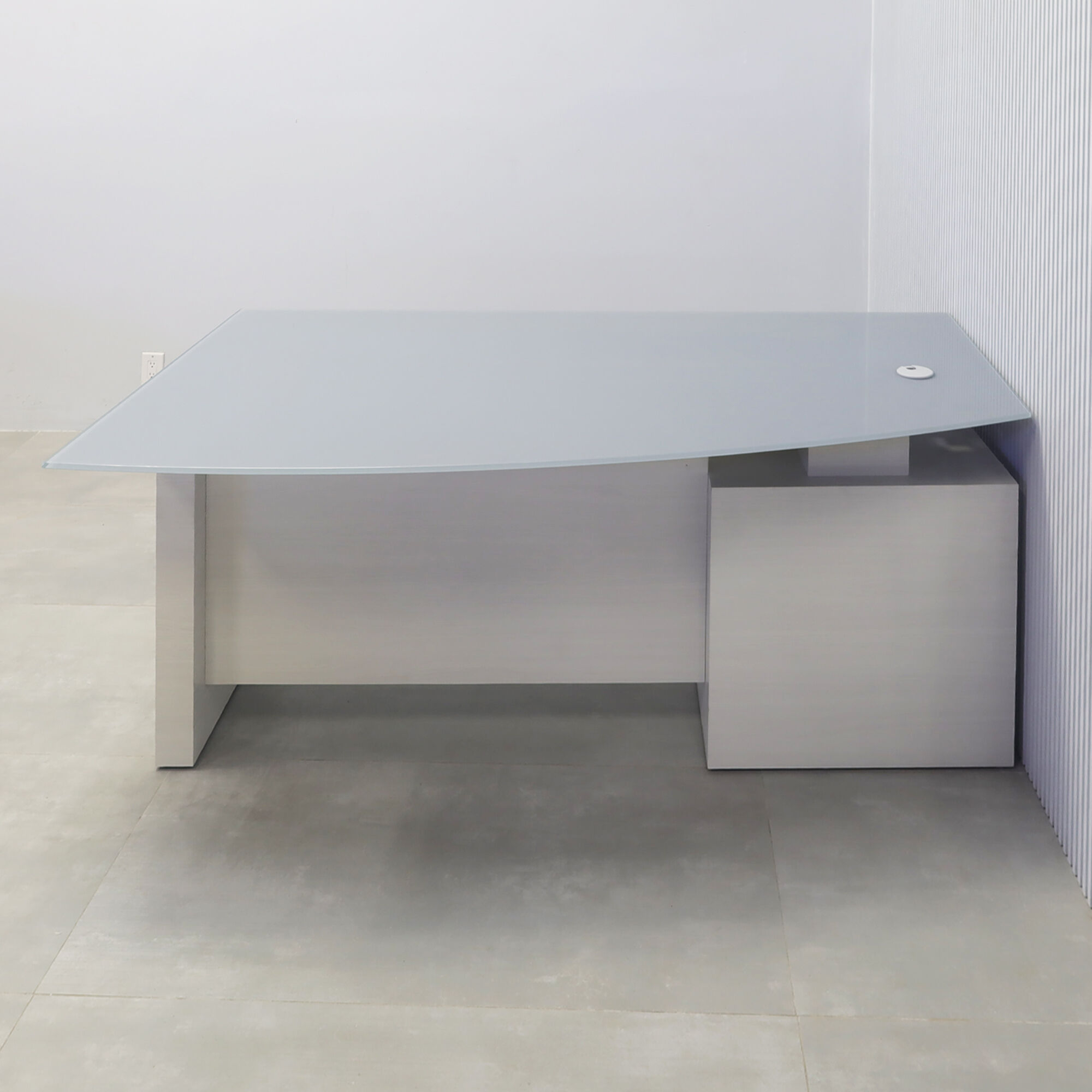 72-inch Avenue Curved Executive Desk with medium gray tempered glass top, white ash laminate base & cabinet, and white ash matte laminate.