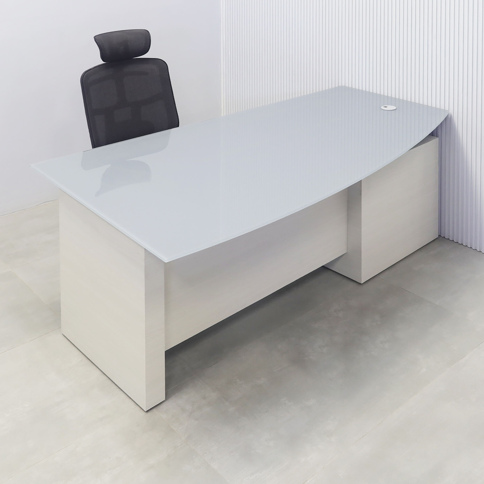 72-inch Avenue Curved Executive Desk with medium gray tempered glass top, white ash laminate base & cabinet, and white ash matte laminate.