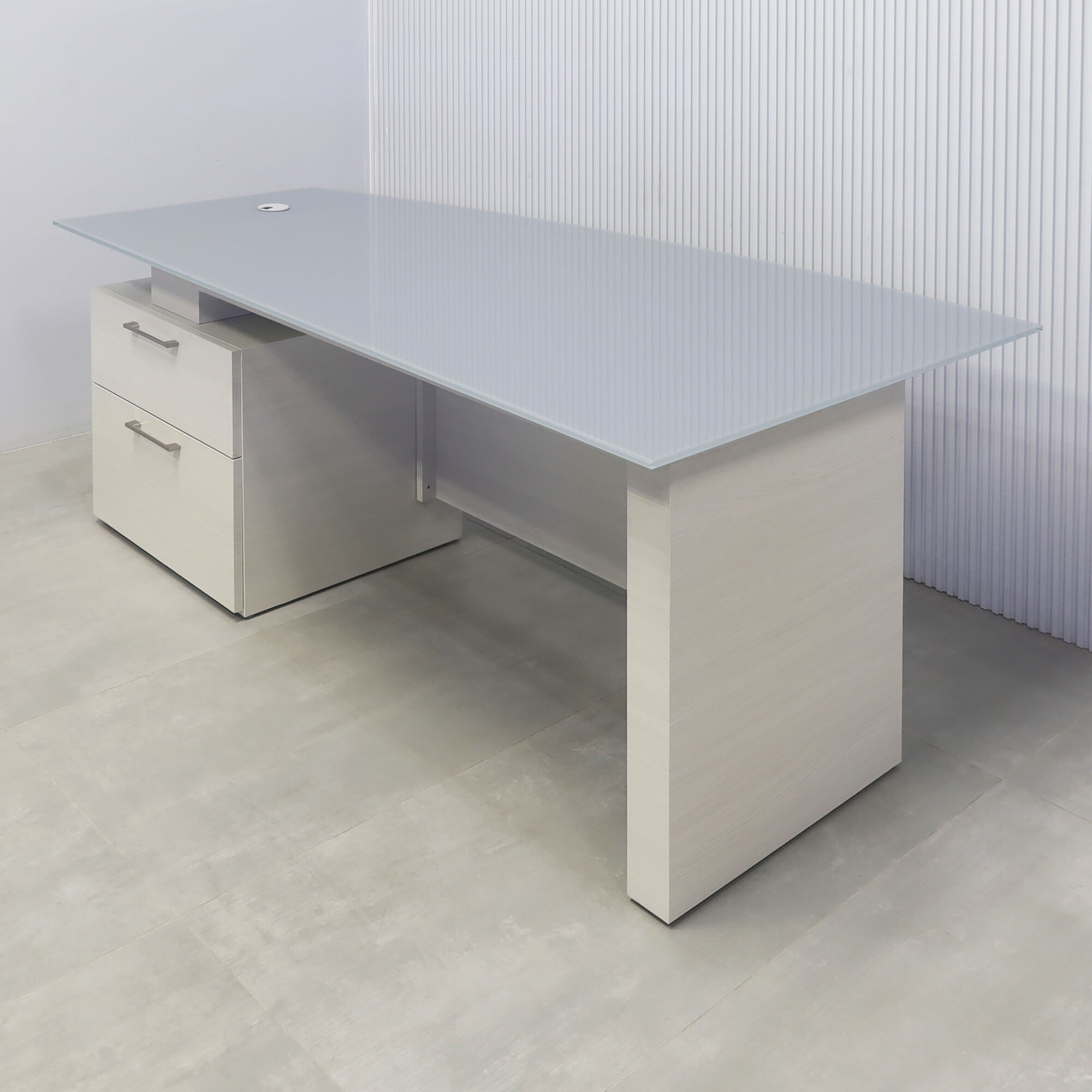 72-inch Avenue Curved Executive Desk with medium gray tempered glass top, white ash laminate base & cabinet, and white ash matte laminate.