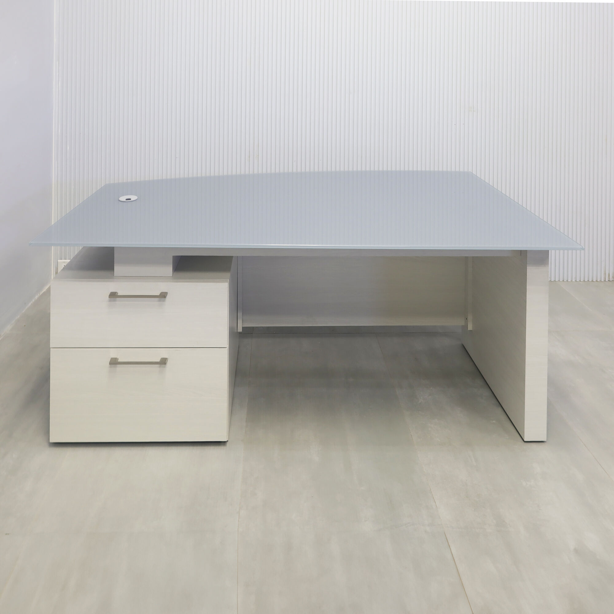 72-inch Avenue Curved Executive Desk with medium gray tempered glass top, white ash laminate base & cabinet, and white ash matte laminate.