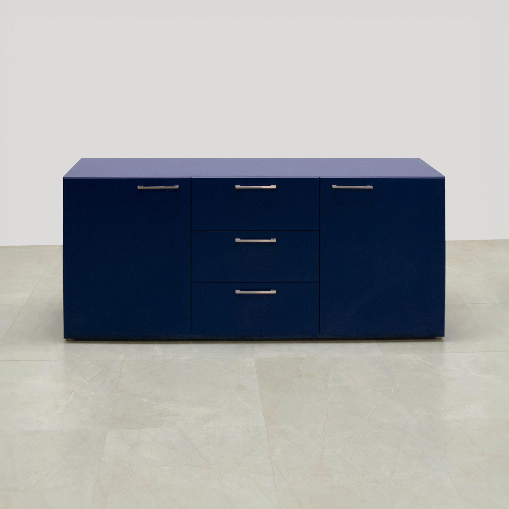 72-inch Naples Custom Storage Credenza in navy blue matte laminate credenza and front drawers & doors, shown here.