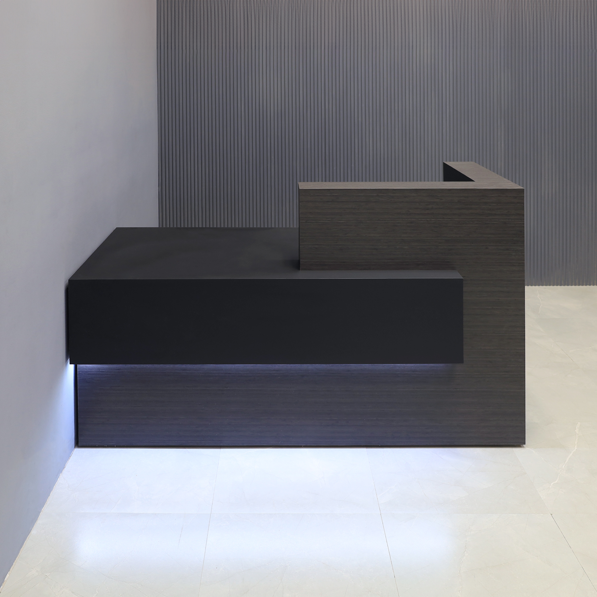 72-inch Atlanta Reception Desk, right countertop side when facing front in asian nights matte laminate and workspace & front accent in black traceless laminate, with warm white LED, shown here.