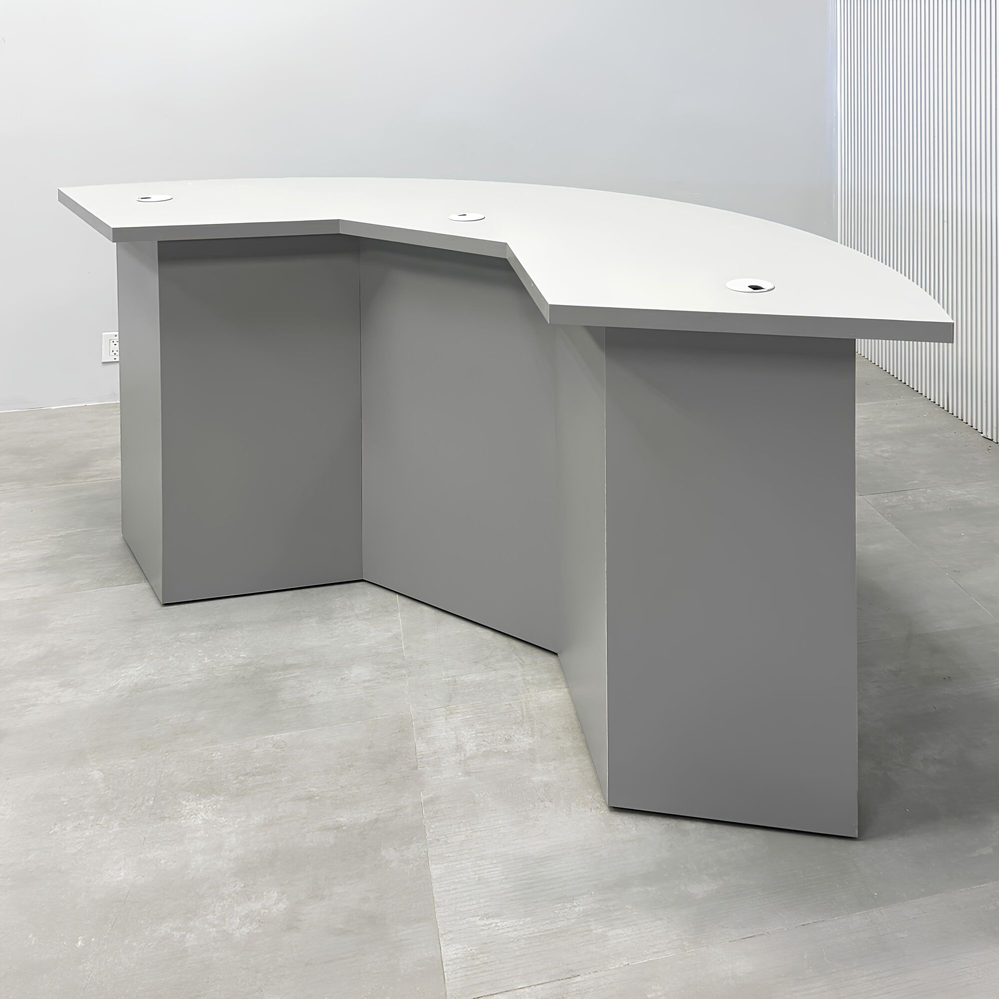 72-inches Tampa Bay Handmade Podcast Table with storm gray matte laminate top, fog gray matte laminate front base, and black matte laminate back base.