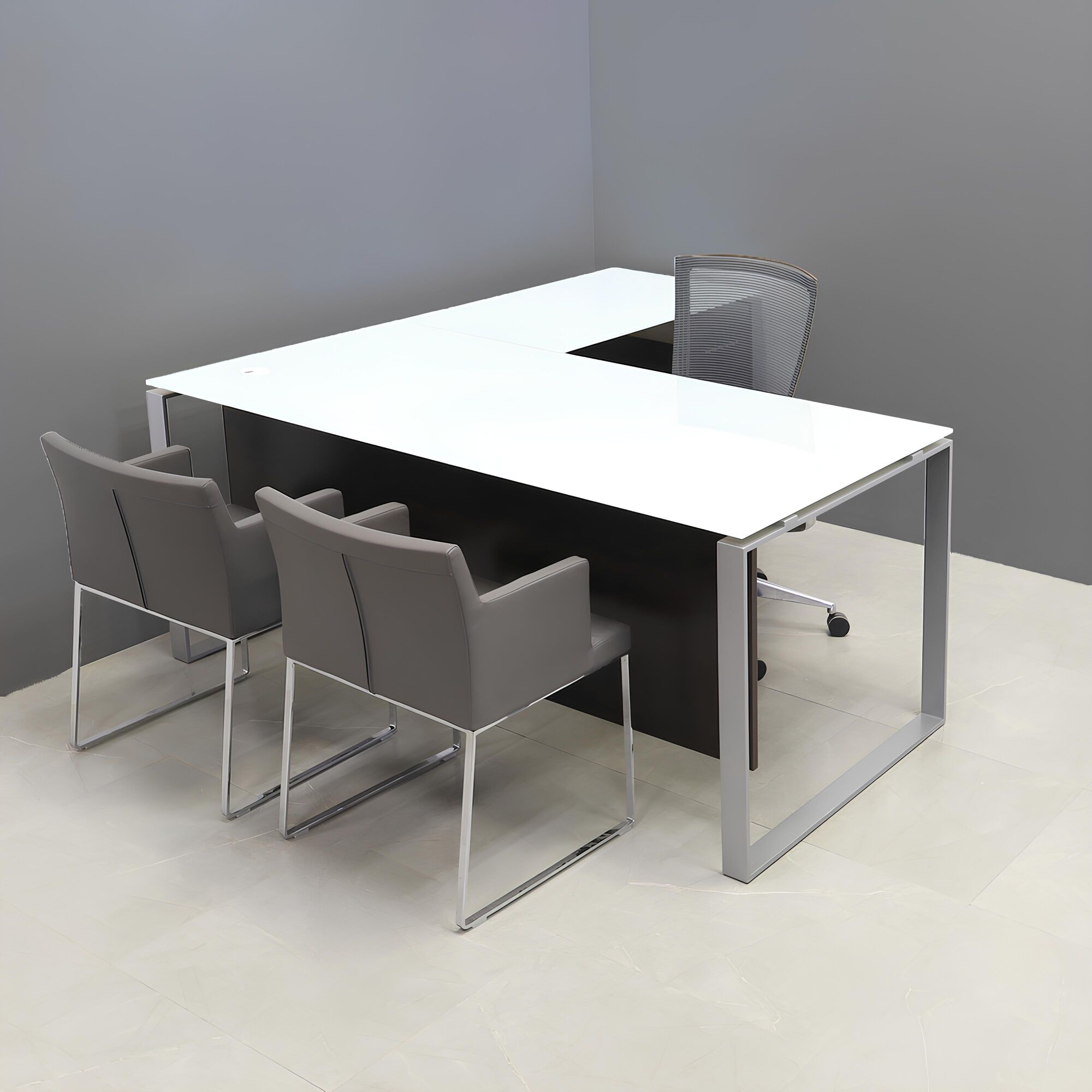 Aspen L-Shape Executive Desk With Tempered Glass Top in white top, black matte laminate and silver metal legs shown here.
