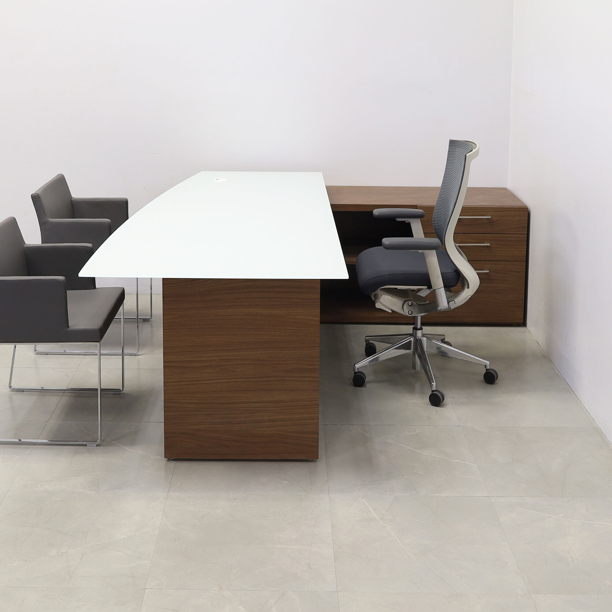 72-inch Avenue Curved Executive Desk with credenza on the right side when sitting, with 1/2