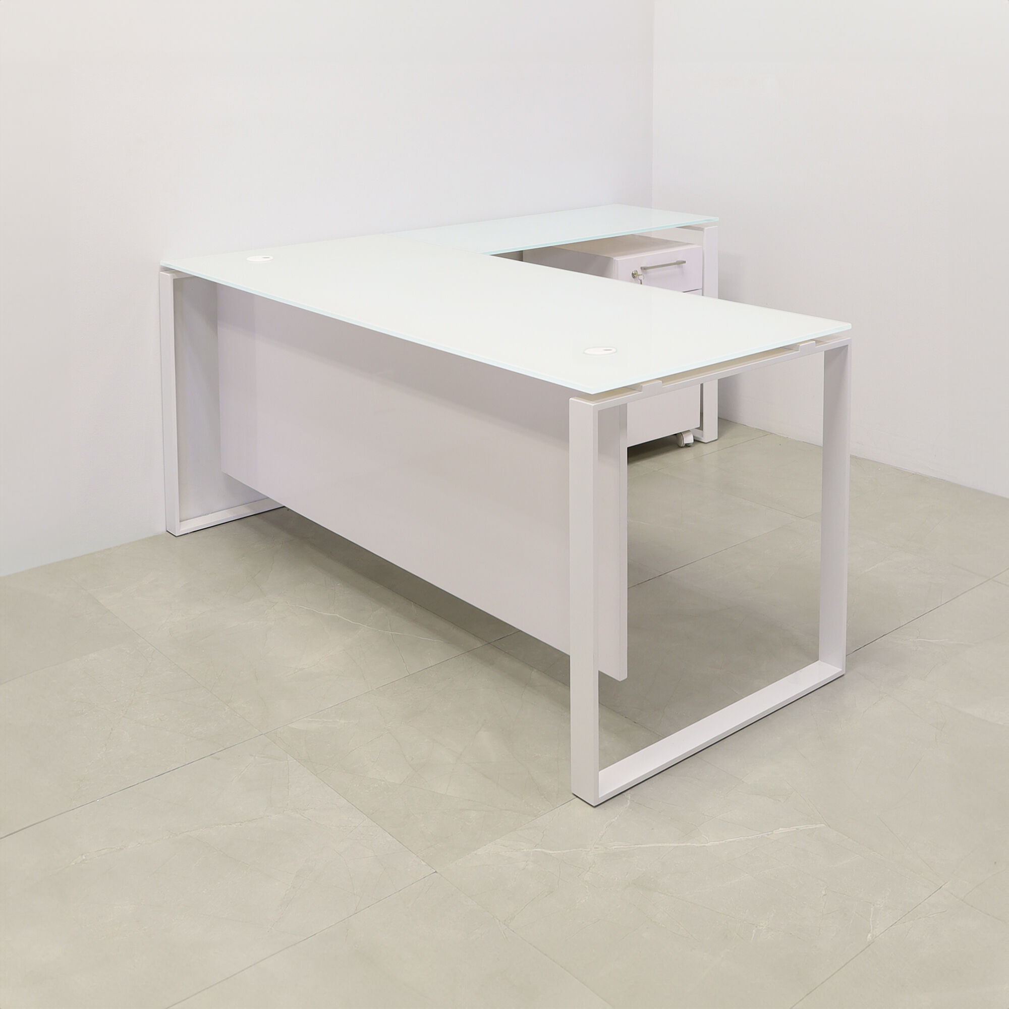 72-inch Aspen L-Shape Executive Desk with 1/2-inch white tempered glass top, white gloss laminate privacy panel, and white metal legs.
