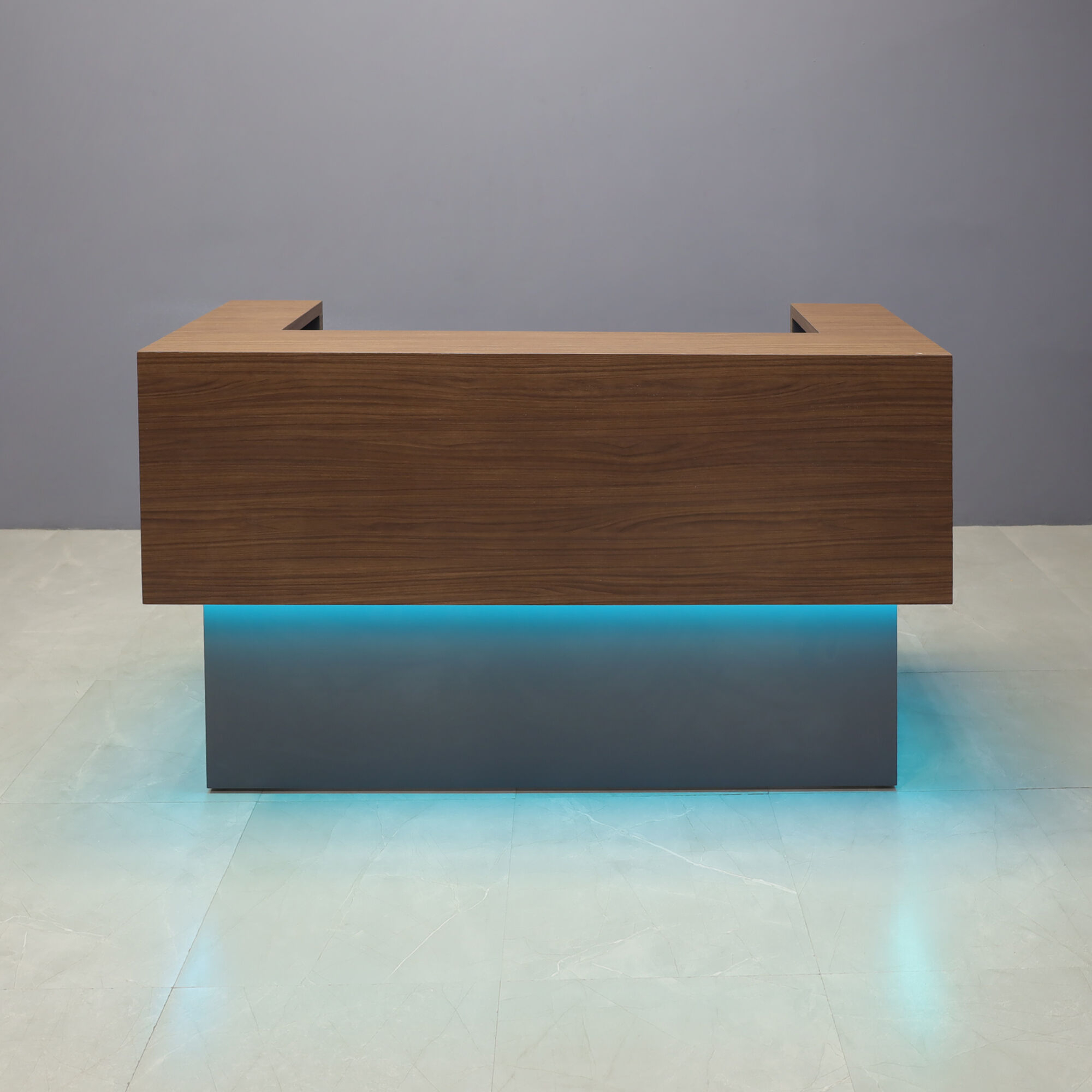 72-inch San Francisco U-Shape Custom Reception Desk with walnut heights matte laminate counter, and storm gray matte laminate desk.