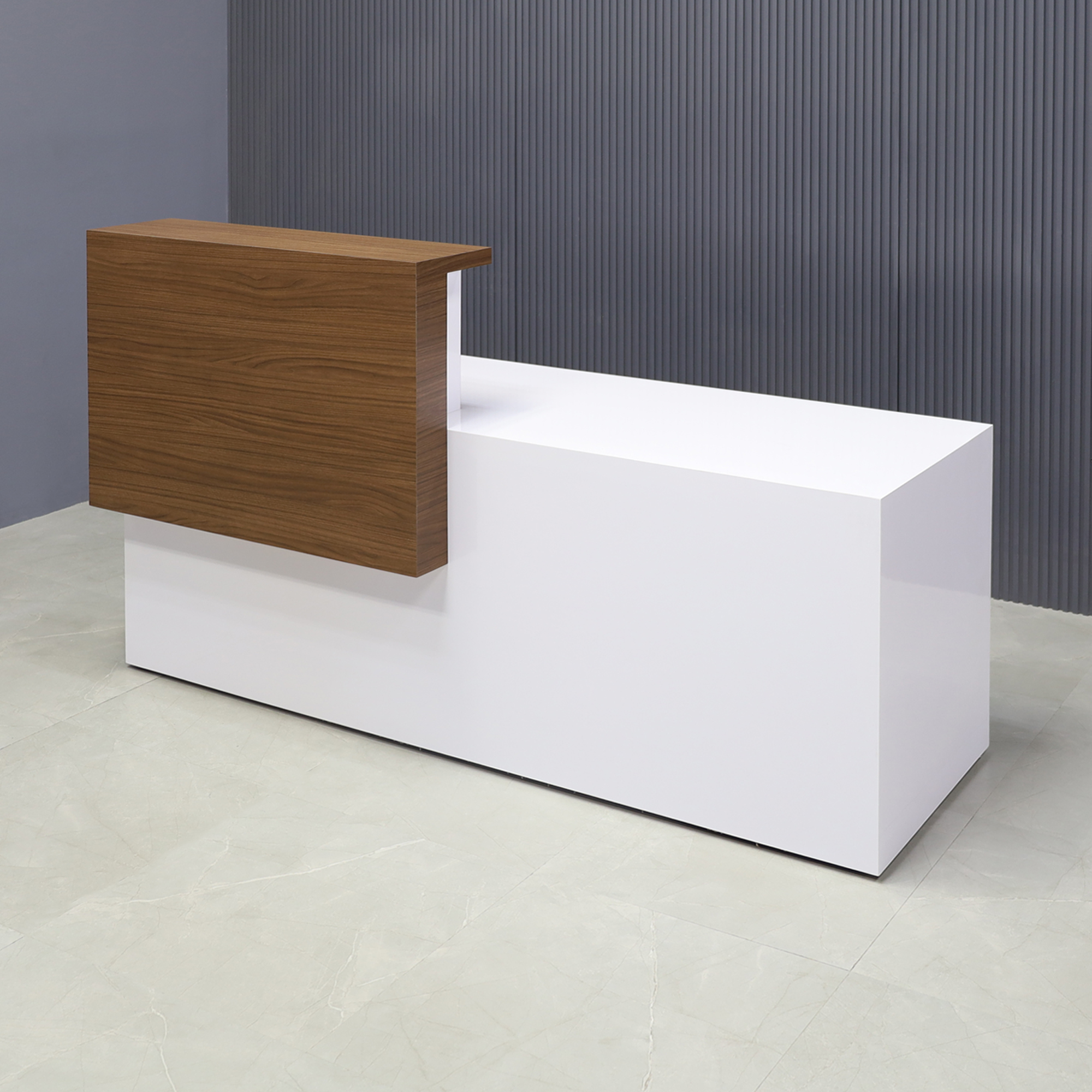 72-inch Los Angeles ADA Compliant Custom Reception Desk, left side when facing front in walnut heights matte laminate counter and white matte laminate desk, no LED, shown here.