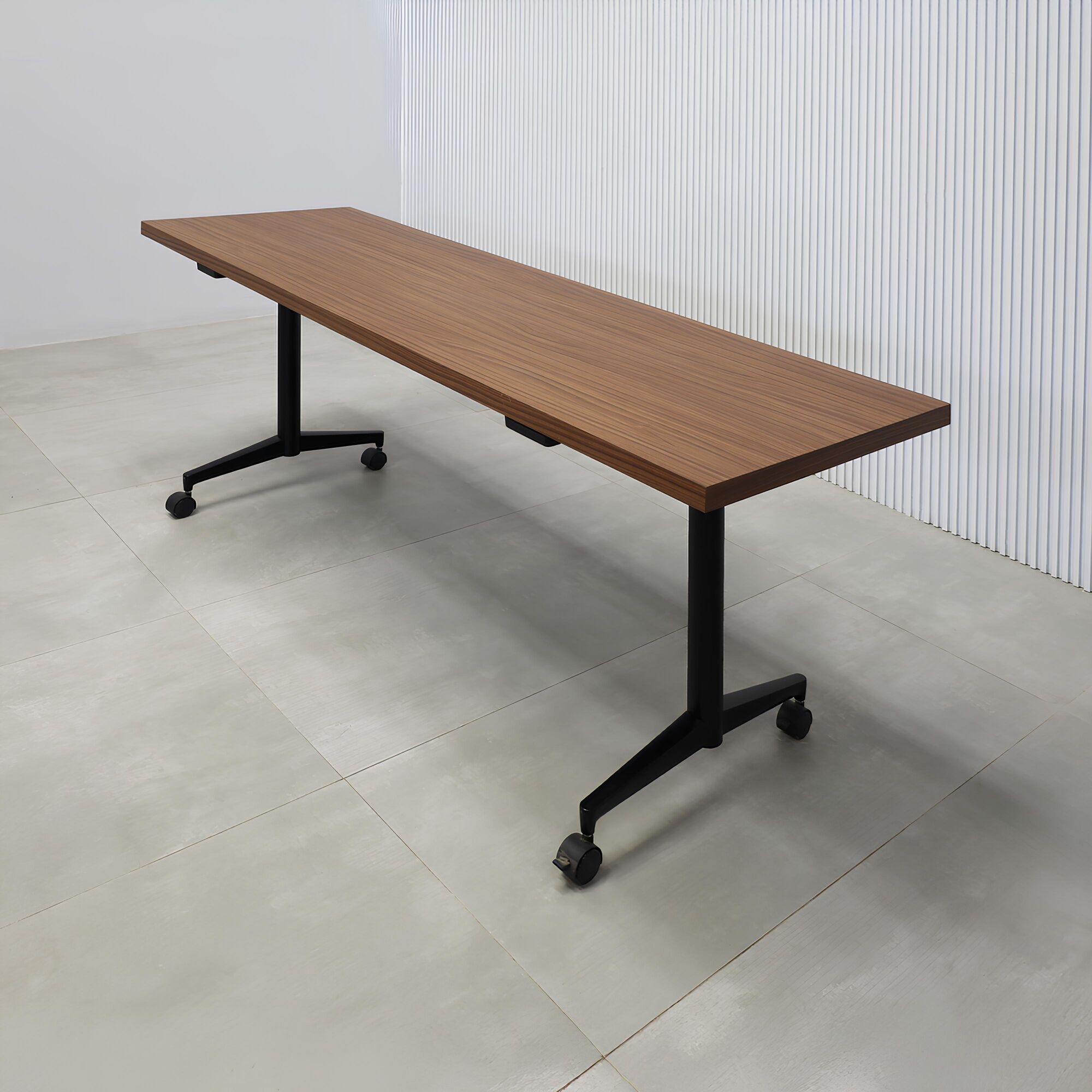 72-inch Model Training Table Flip Top with Walnut Heights laminate top, and Black Powder-Coated base.
