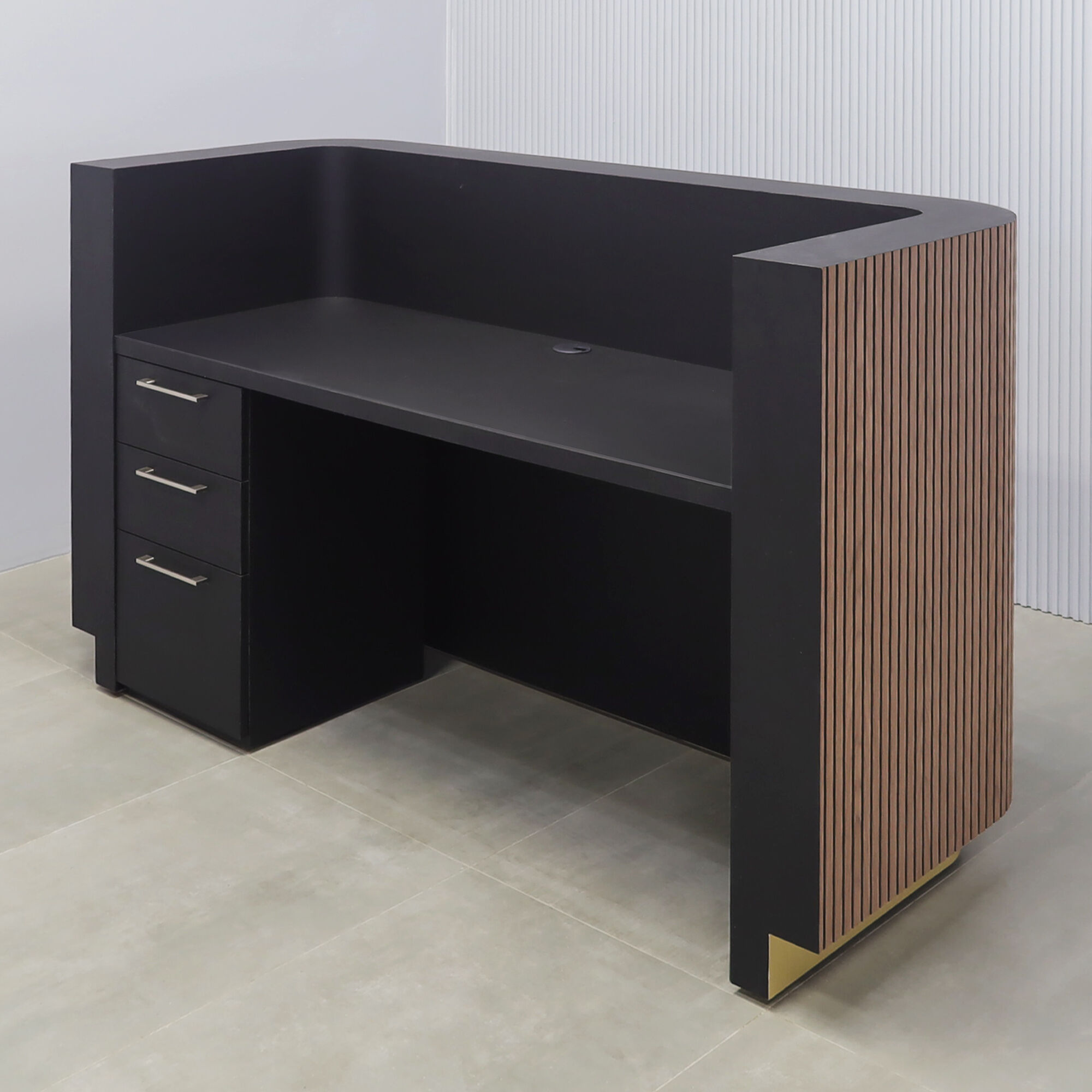 72-inch Nola Reception Desk in walnut tambour with black background front, black traceless laminate workspace, gold aluminum toe-kick.