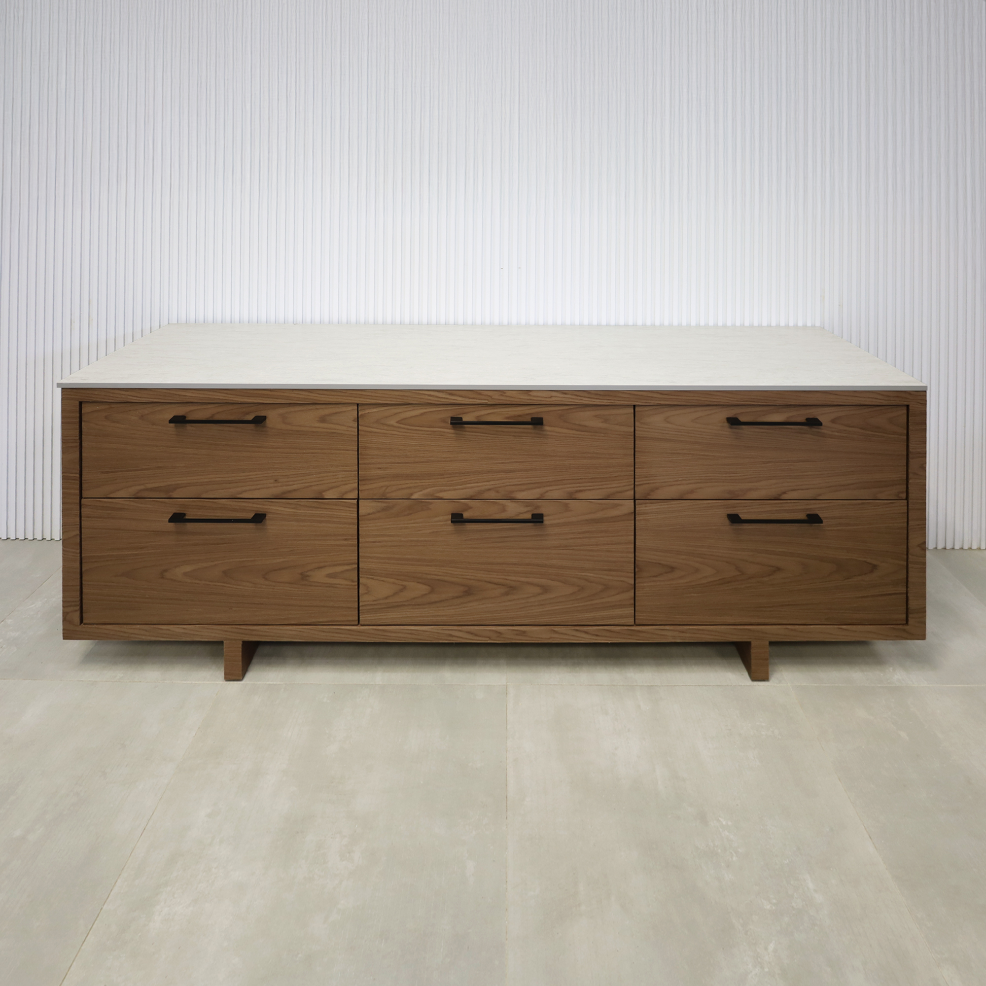 72-inch Seattle Storage Credenza with Walnut Wood veneer body & doors and Spanish Limestone engineered surface top.